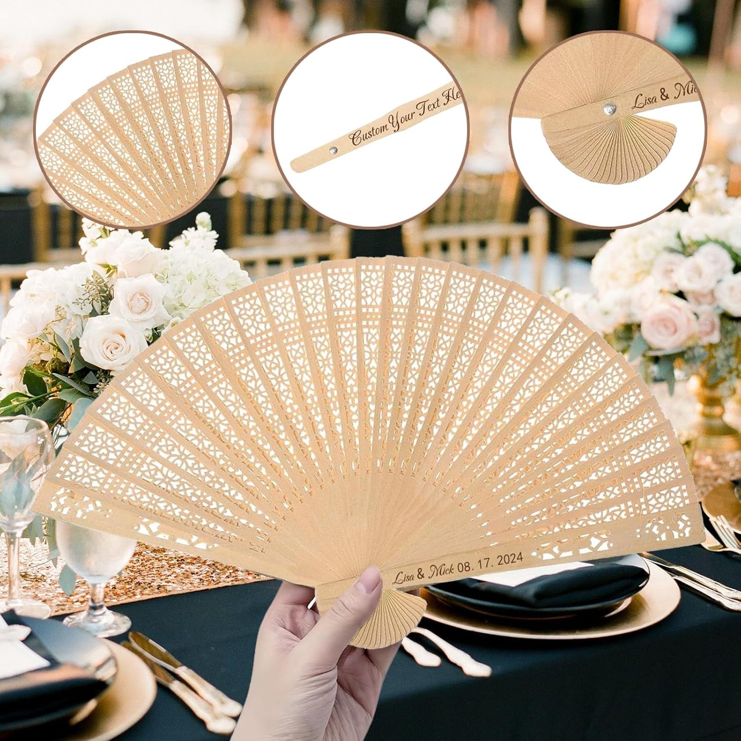 100Pcs Wedding Fans Personalized Folding Hand Fans Custom Sandalwood Wedding Fans with Organza Bags Wedding Party Favor Wedding Fans for Guests (30)