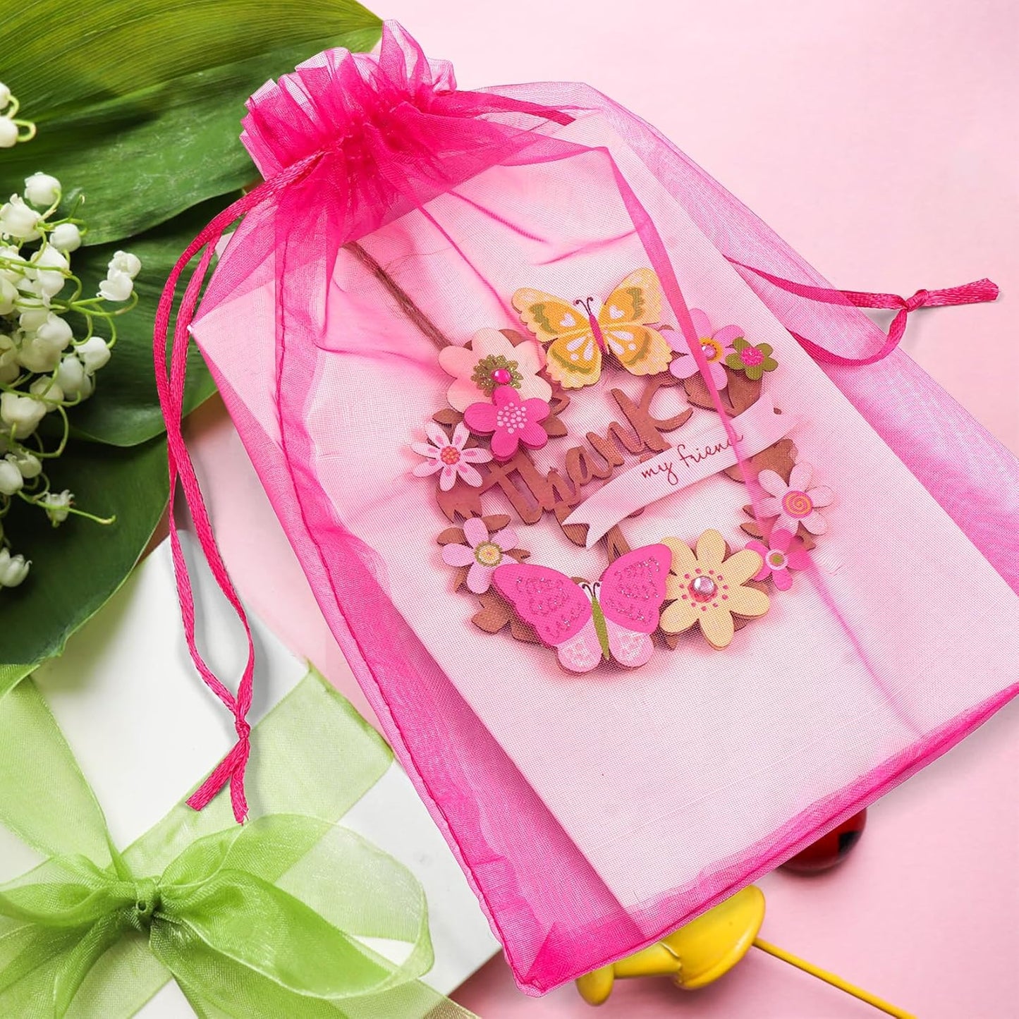 ANZNKU 50 Pack Hot Pink Organza Bags 6x9 inches, Jewelry Pouches Drawstring, Mesh Bags for Gifts Large Organza Bag for Wedding Party Christmas Favor