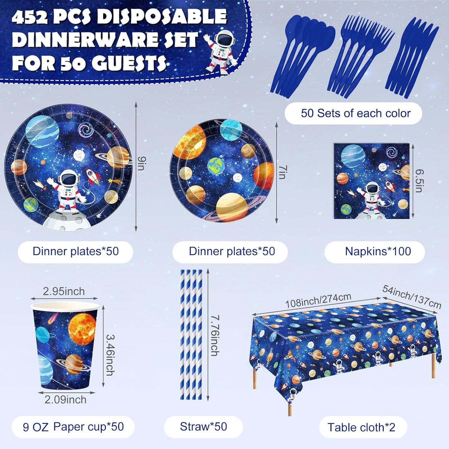 452 Pcs Space Birthday Party Decorations for 50, Solar System Paper Plates Napkins Cups Tablecloth Cutlery Straws Astronaut Tableware Set for Birthday Baby Shower Party Supplies
