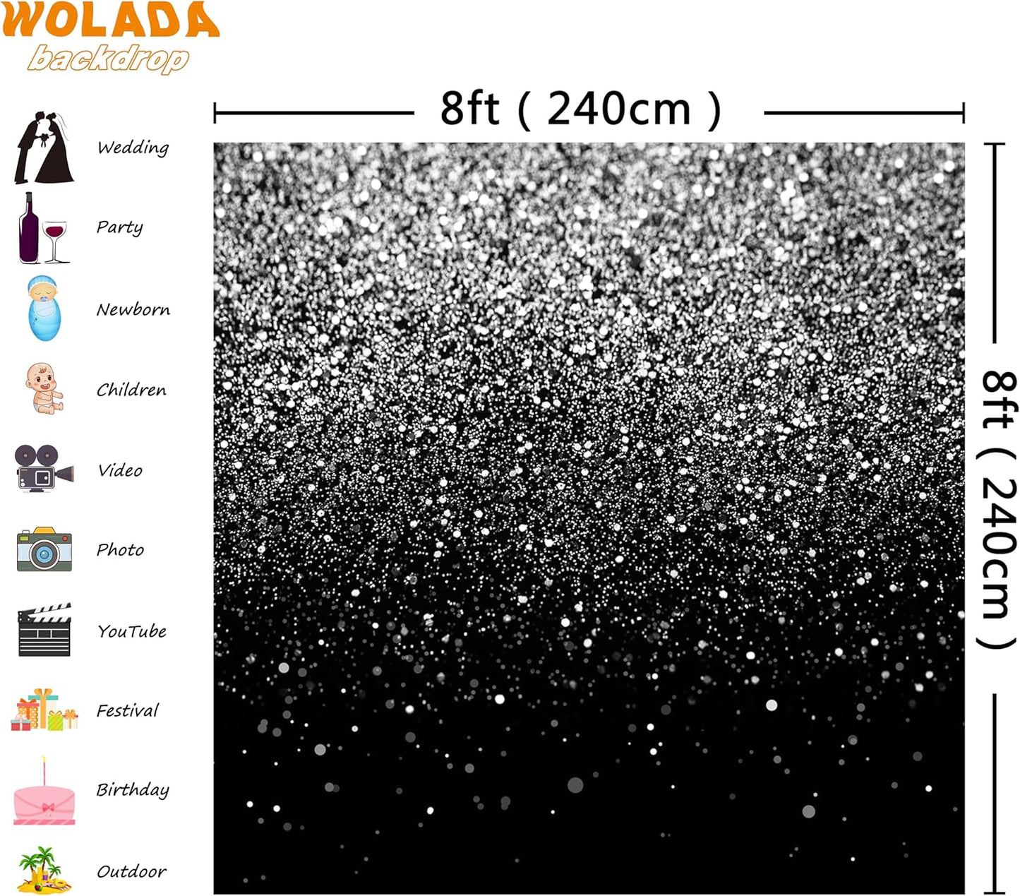 WOLADA Black and Silver Backdrop Silver Glitter Backdrop for Photography Wedding Birthday Baby Shower Party Photo Studio 8x8FT FW18