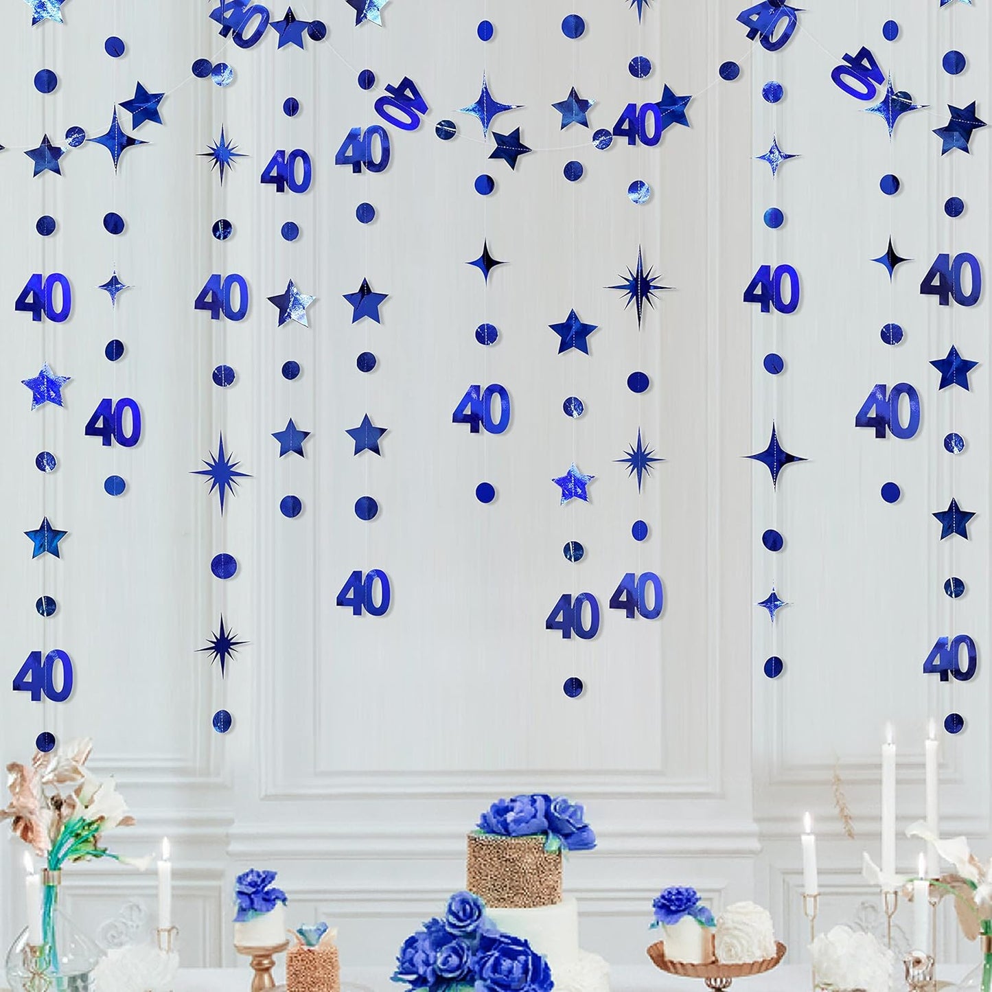 Navy Blue 40th Birthday Decorations Number 40 Circle Dot Twinkle Star Garland Metallic Hanging Streamer Bunting Banner Backdrop for Women 40 Year Old Birthday Forty Anniversary Party Supplies