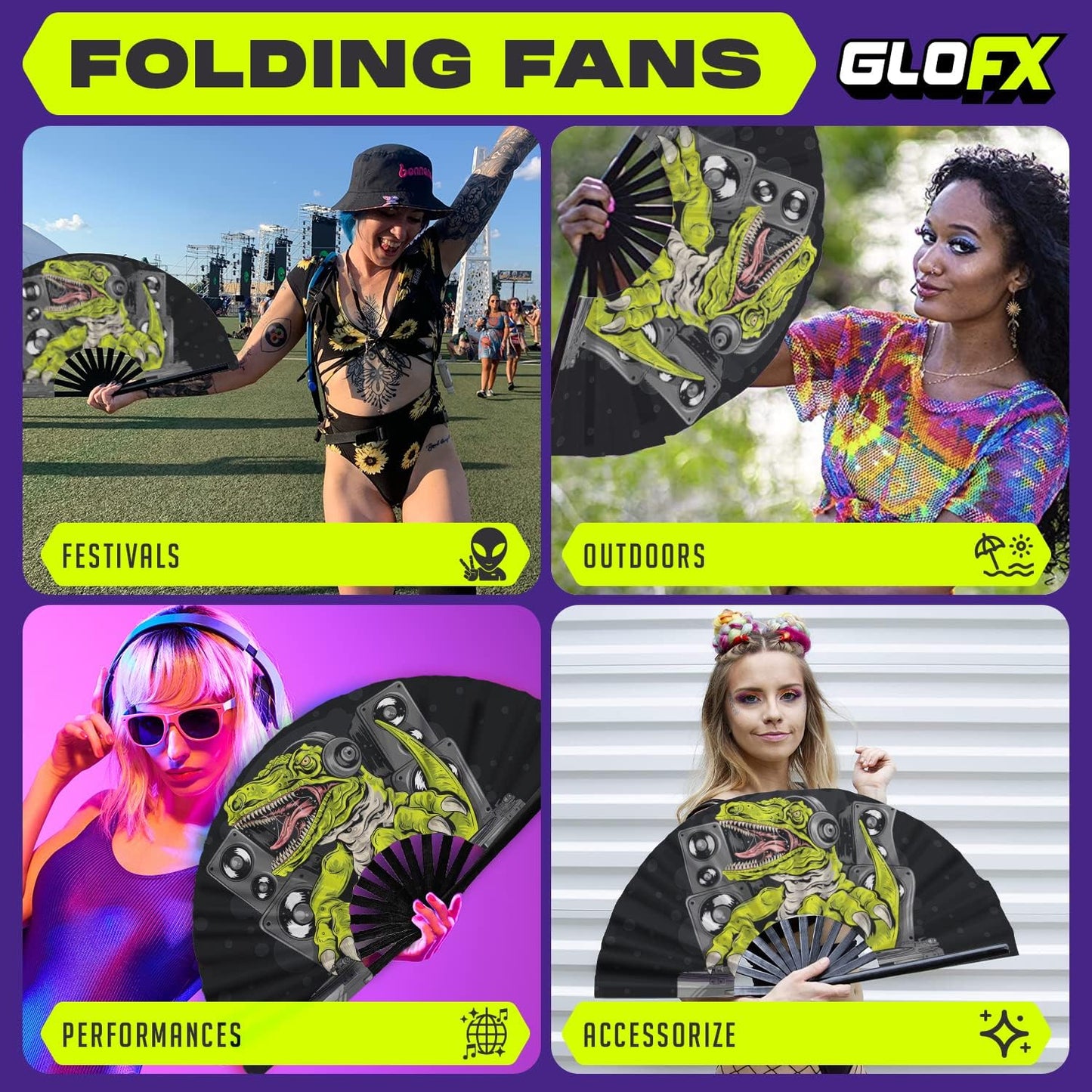 GloFX Folding Fan - DJ Dino - Large Rave Clack Folding Hand Fan for Men/Women - for EDM, Music Festival, Club, Event, Party, Dance, Performance, Decoration, Gift