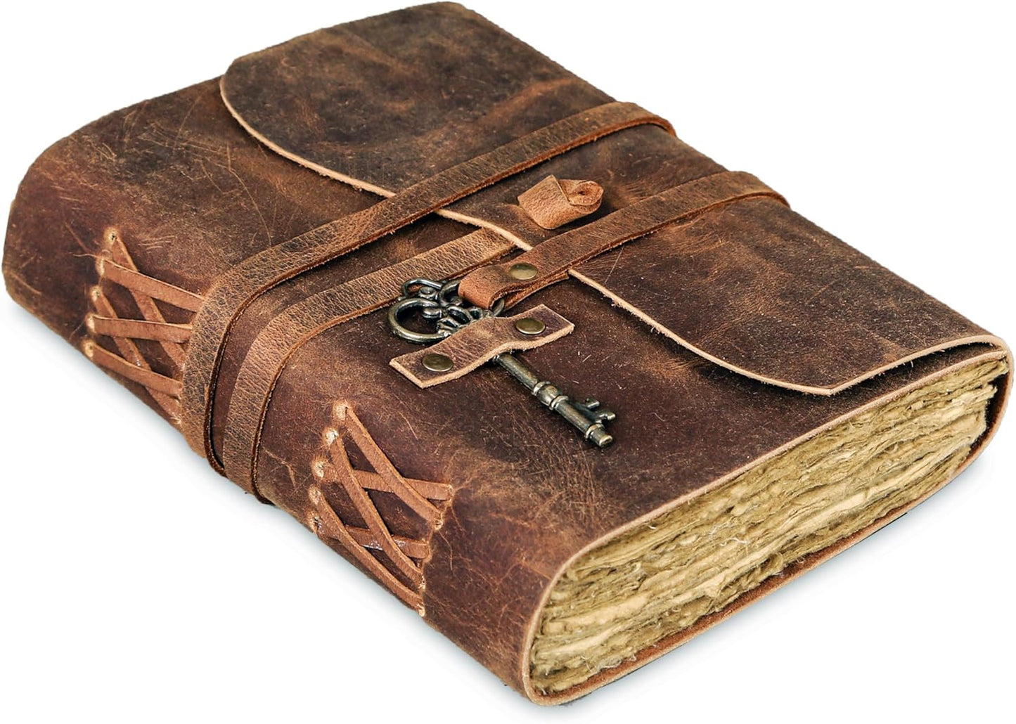 Leather Journal with Lined and Unlined Deckle Edge Paper 8x6 inch and Vintage Key | Handmade Writing Notebook Diary | Bound Daily Notepad for Men & Women Medium, Sketch/Writing pad for Artists