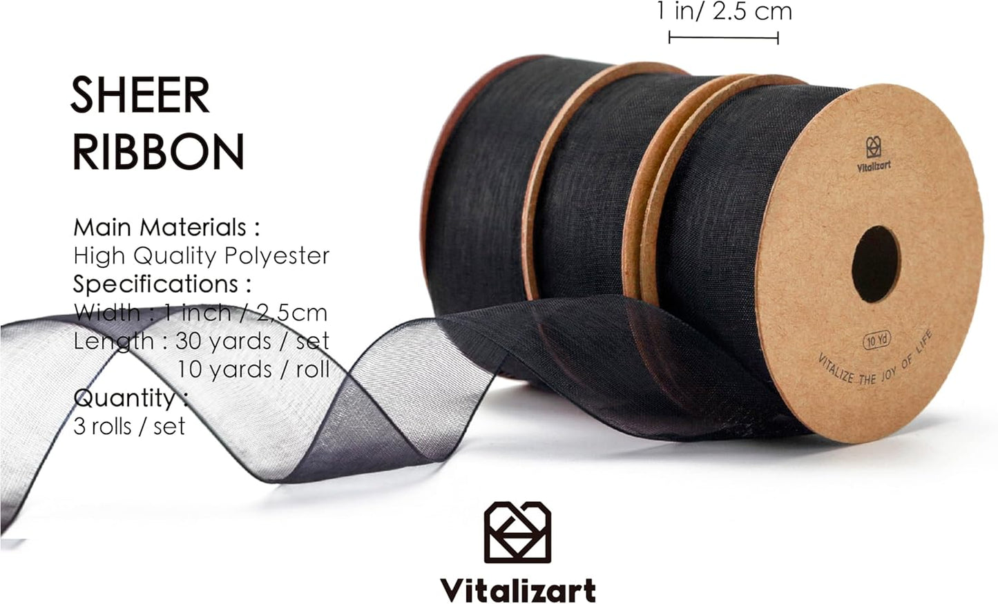 Vitalizart Black Ribbon Organza Sheer Ribbon 1 inch x 30Yd Handmade Fabric Ribbons for Gift Wrapping Christmas Tree Crafts Bows Wedding Invitations Wreaths Wrap