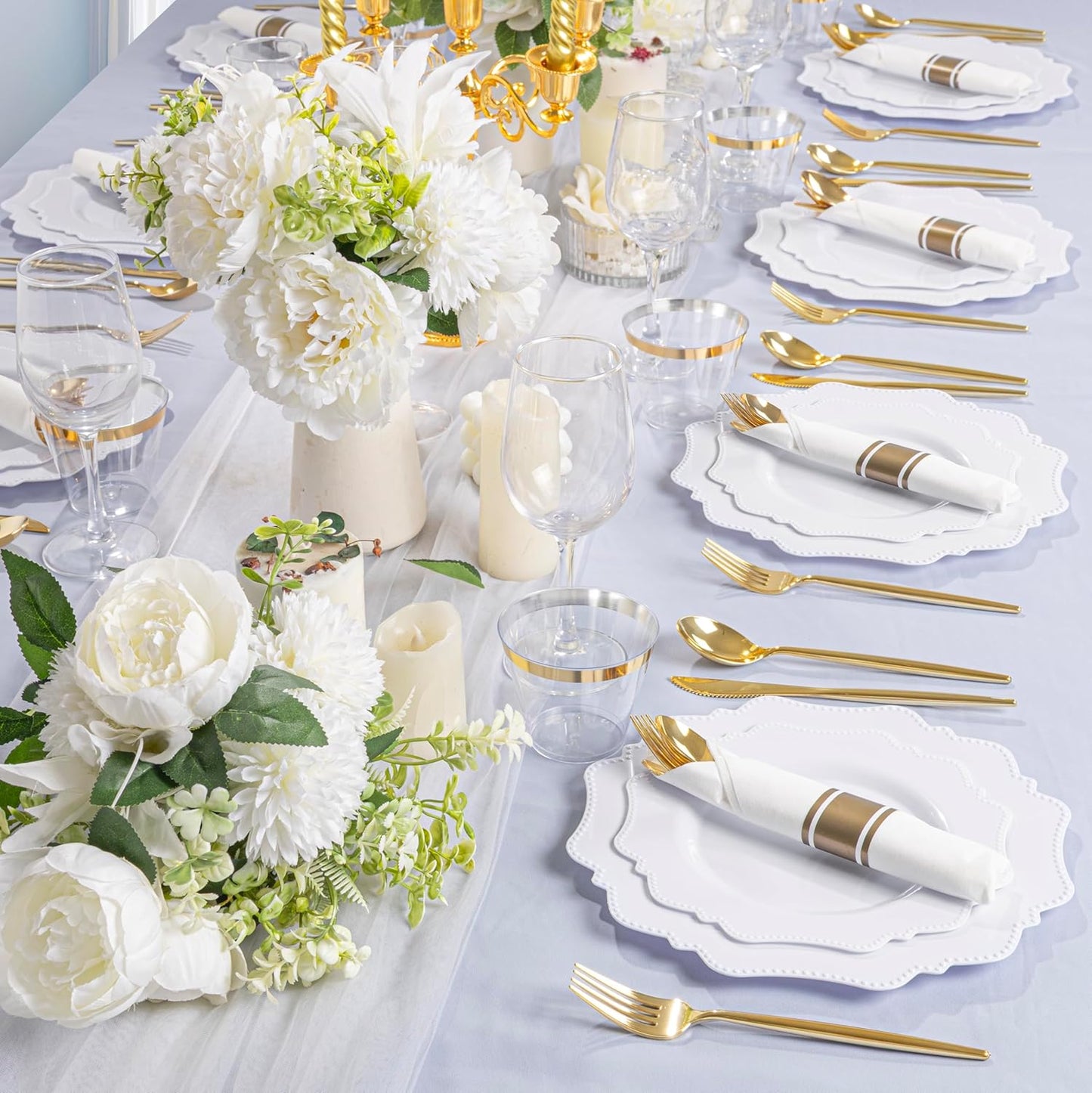 COLOSUS 350pcs White Plastic Plates Disposable Gold Cutlery Dinnerware set for party: 50 Dinner Plate, 50 Dessert Plate, 50 Per Rolled Napkins with Gold Silverware, 50 Cups 9 OZ for Wedding & Party