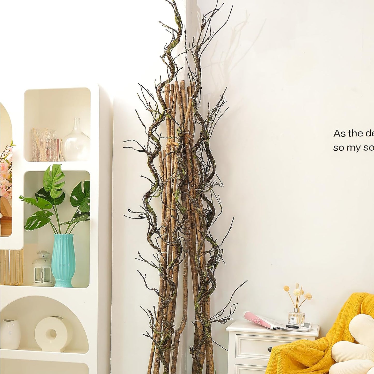 180cm/70.86in Bendable Artificial Tree Branches Liana Vines Garland Rattan with Moss Fake Plants Twigs for Wall Hanging Home Room Outdoor Wedding Background Decoration
