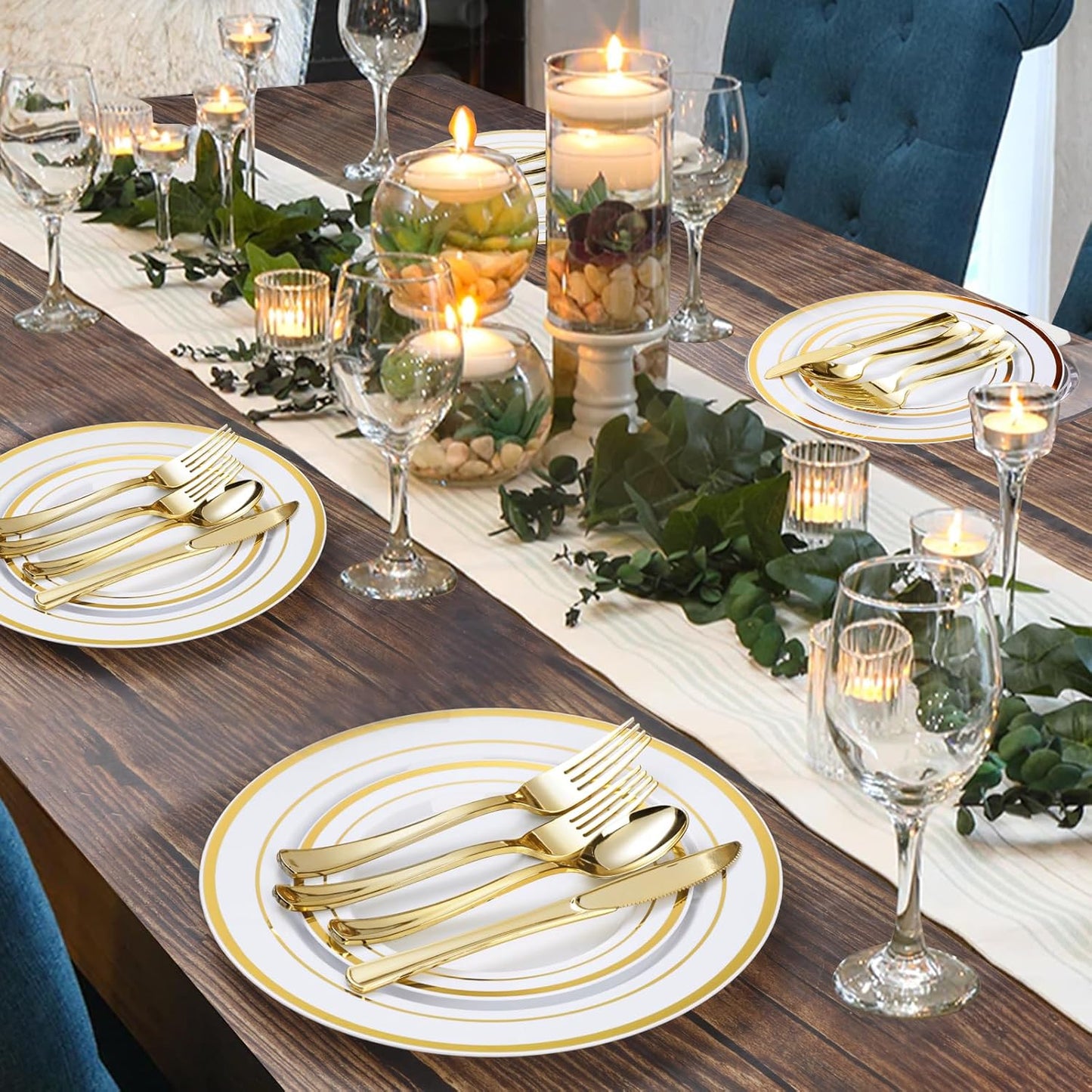 300PCS Gold Plastic Plate Set (50 Guests), Plastic Plates for Party Wedding Birthday, Disposable Dinnerware Set of 100 Plates, 100 Forks, 50 Spoons, 50 Knives for Christmas, Thanksgiving