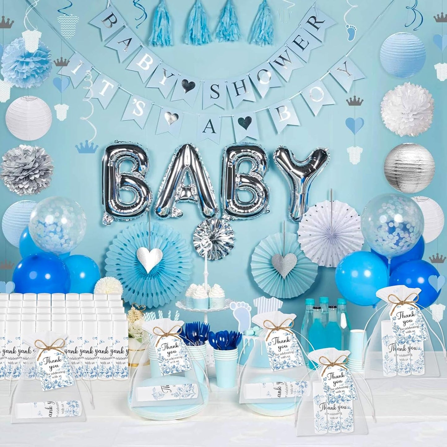 50 PCS Blue Flower Bridal Baby Shower Lip Balm Gift Baby Shower Favor Party Wedding and Engagement Party Bulk Lip Balm Thank You Gifts with Card Tags for Guests (blue flower)