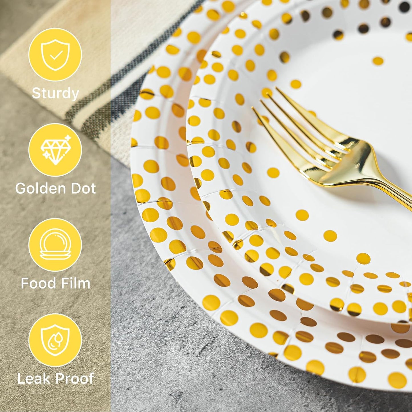 Lullaby 120PCS White Paper Plates, Disposable Gold Paper Plates, 60pcs Dinner Plates 9"，60pcs Dessert Plates 7", Party Plates with Golden Dot for Birthday, Gathering and Graduation