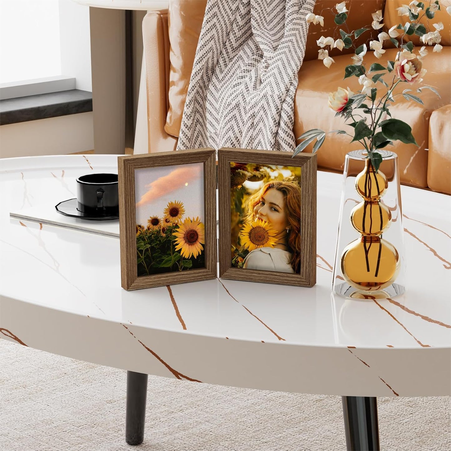 decorUhome Double 5x7 Picture Frame Vertical, Engineered Wood Bifold Photo Frame with Plexiglass for Tabletop Display, 5x7, Oak