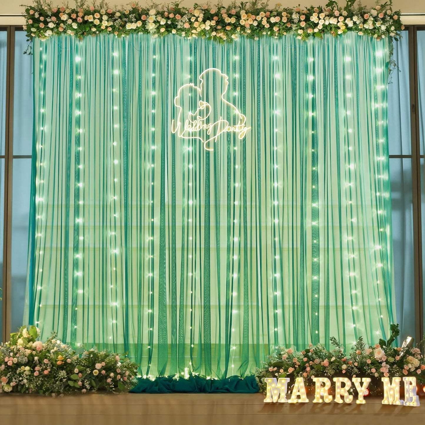 Hunter Green Tulle Backdrop Curtains with Lights String for Parites 10x10ft Sheer Backdrop Curtains Drapes for Birthday Party Bridal Shower Baby Shower Photo Booth Background Decorations