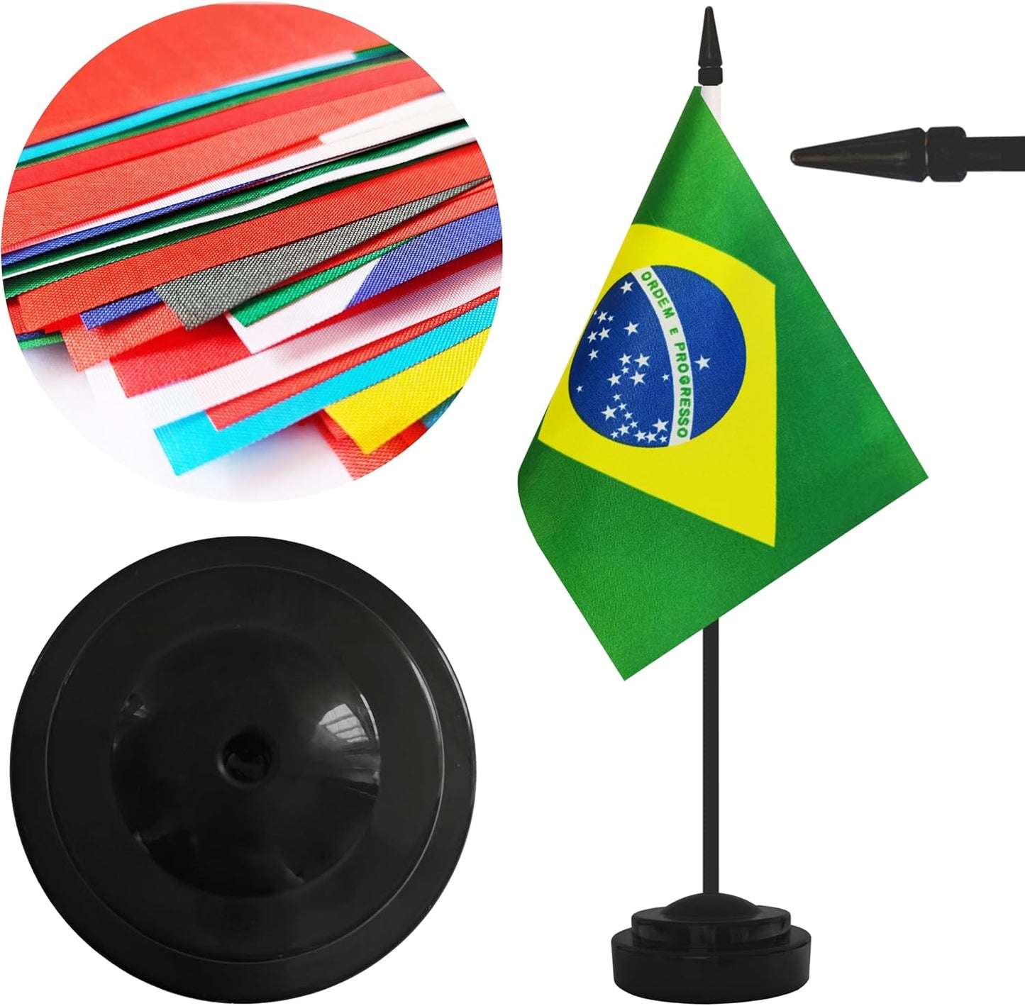 2 Pack Brazil Desk Flag Set, Brazilian Desktop Small Miniature Table Office Flag with 12" Black Pole and Black Base, Offices, Classroom, Home, Festival Decoration (Brazil)