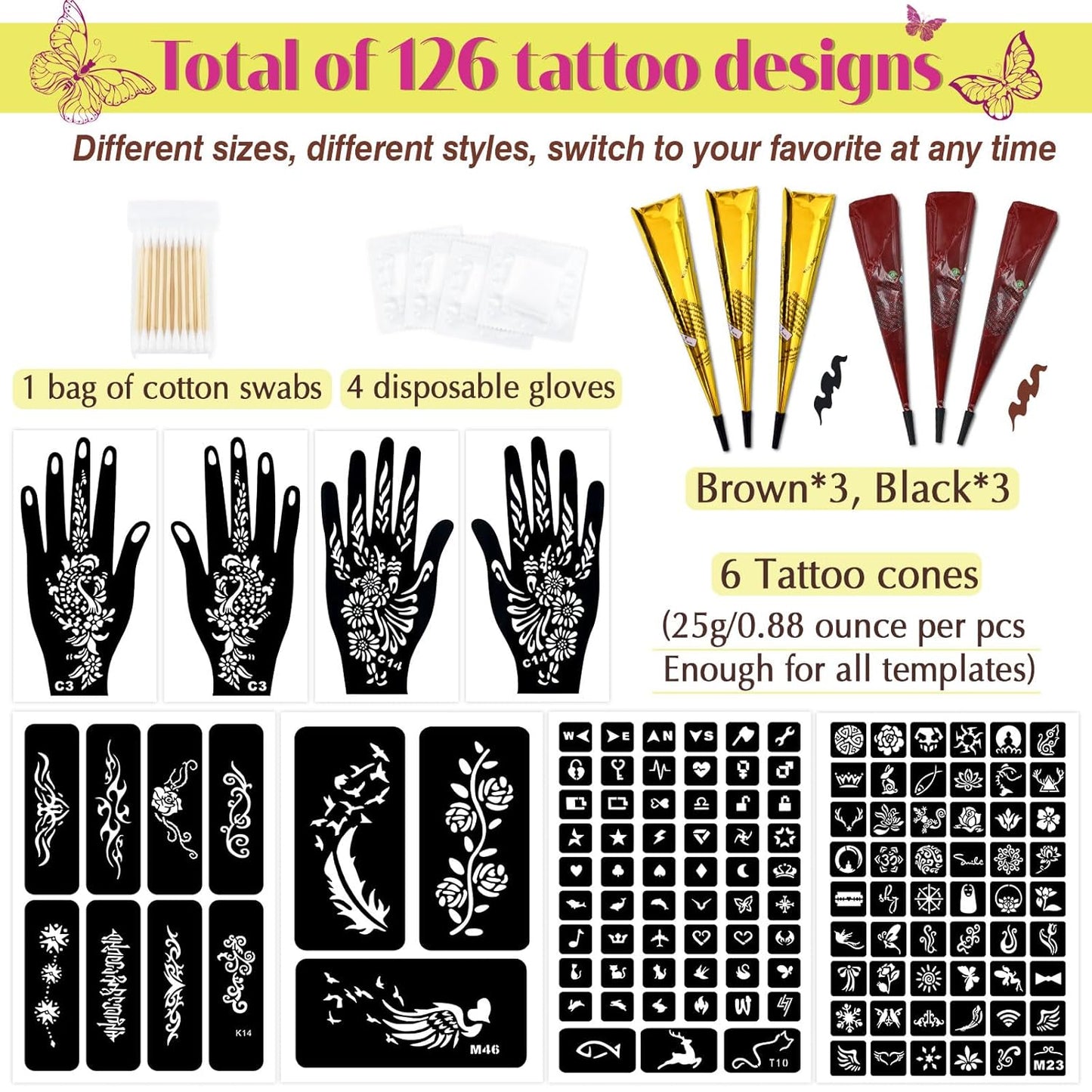 126 PCS Temporary Tattoos Stencils Kit,Temporary Tattoos Kit - 6 Pcs 2 Color(Brown Black) Ink with Gloves,DIY Body Art Painting for Women Men Adults Kids