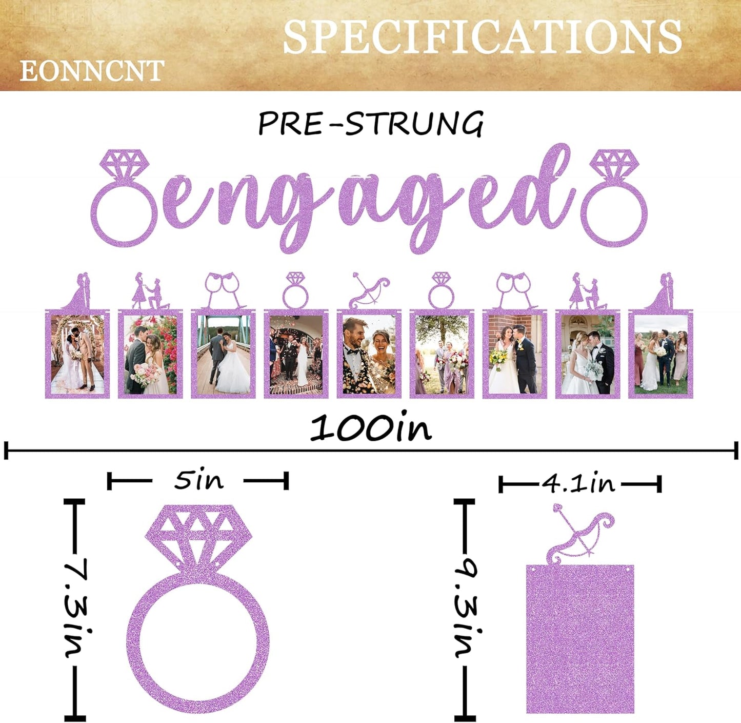 Pre-Strung Engaged Photo Banner - Purple Glitter Engagement Party Decoration Supplies with Romantic Memories Picture Card Frames for Bachelorette, Bridal Shower, Wedding Party Photo Booth Props