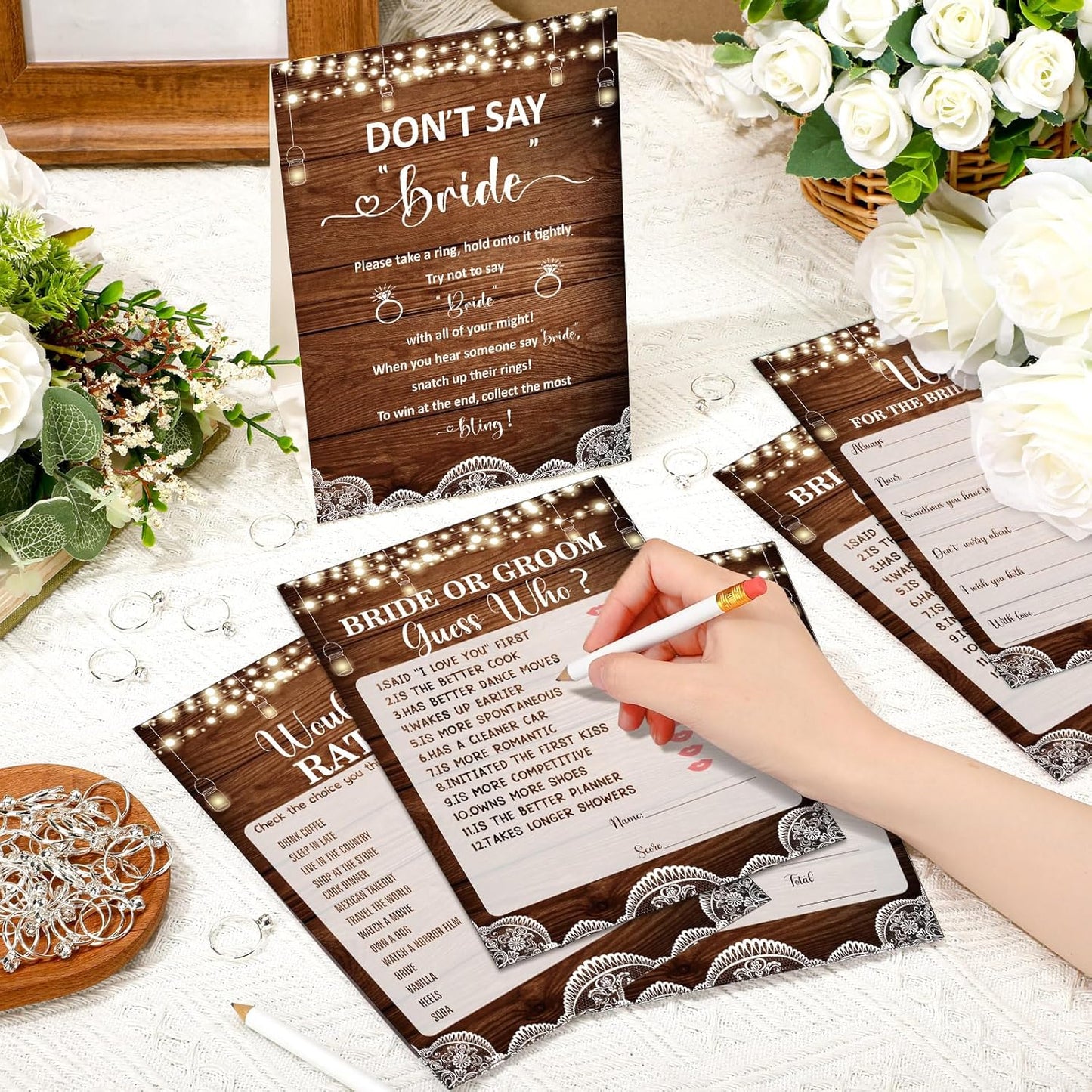 Estune 331 Pcs Bridal Shower Games Supplies, 5 Sets 250 Pcs Wedding Cards 1 Put a Ring on It Bridal Shower Games with 60 Rings and 20 Pencils(Rustic Wood)