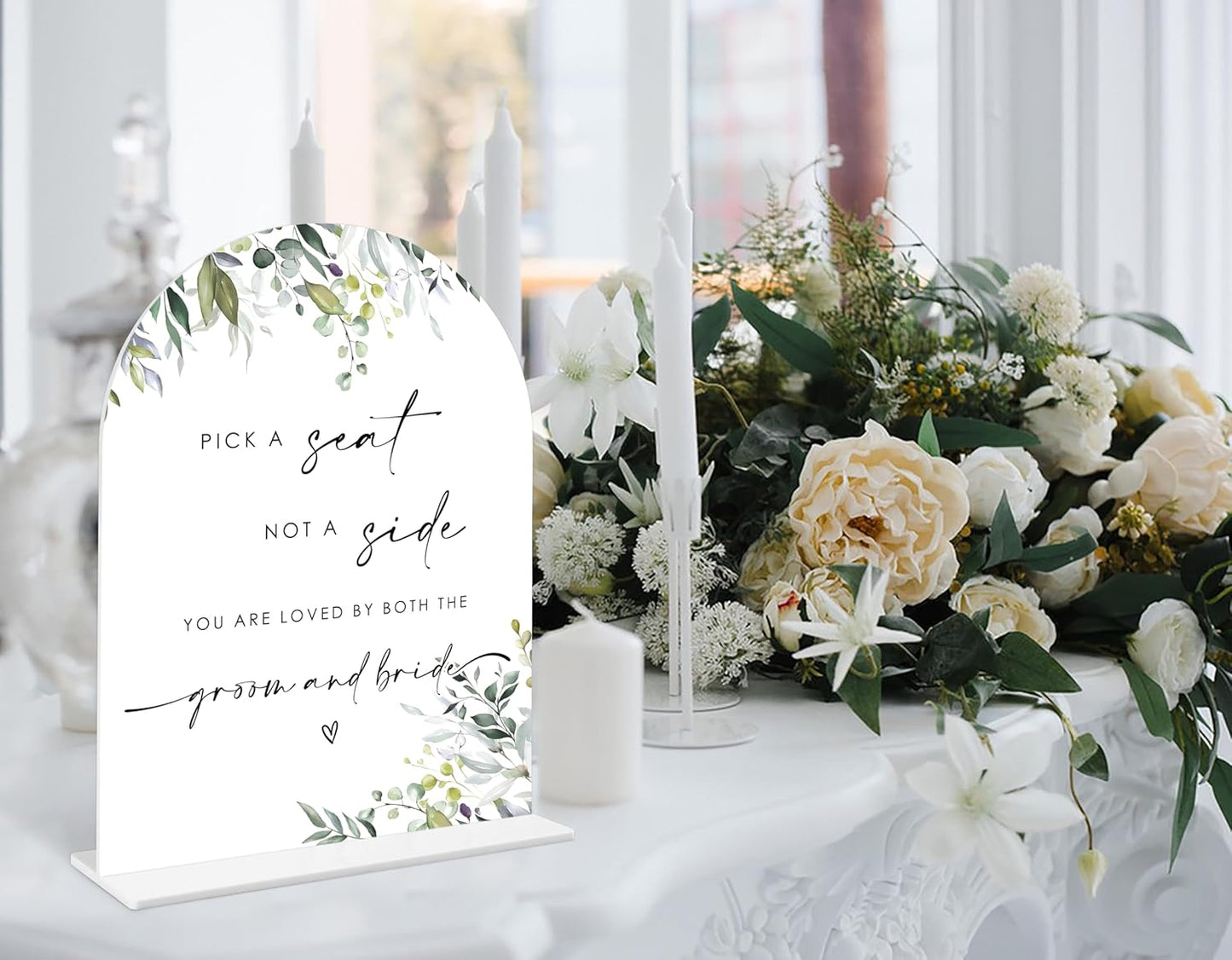 Greenery Pick a Seat Not a Side Sign, 6 x 8 Inch White Arch Acrylic Wedding Sign with Holder, Wedding Sign for Ceremony and Reception, Wedding Decoration, Wedding Supplies - LY18