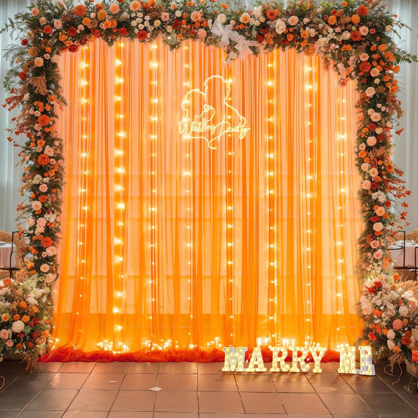 Orange Tulle Backdrop Curtain with Lights String for Parites 10x10ft Sheer Backdrop Curtains Drapes for Birthday Party Baby Shower Wedding Ceremony Prom Halloween Photo Booth Background Decorations