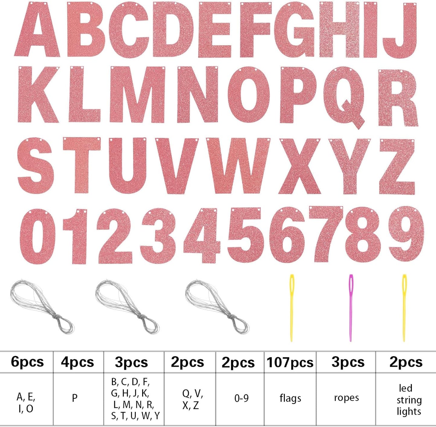 TaoBary 112 Pcs DIY Letter Kit Glitter Customizable Banner Letters Include 107 Letters and Numbers 3 Rope and 2 Needles for Birthday Halloween Christmas Wedding Valentine Party Decor(Rose Gold)