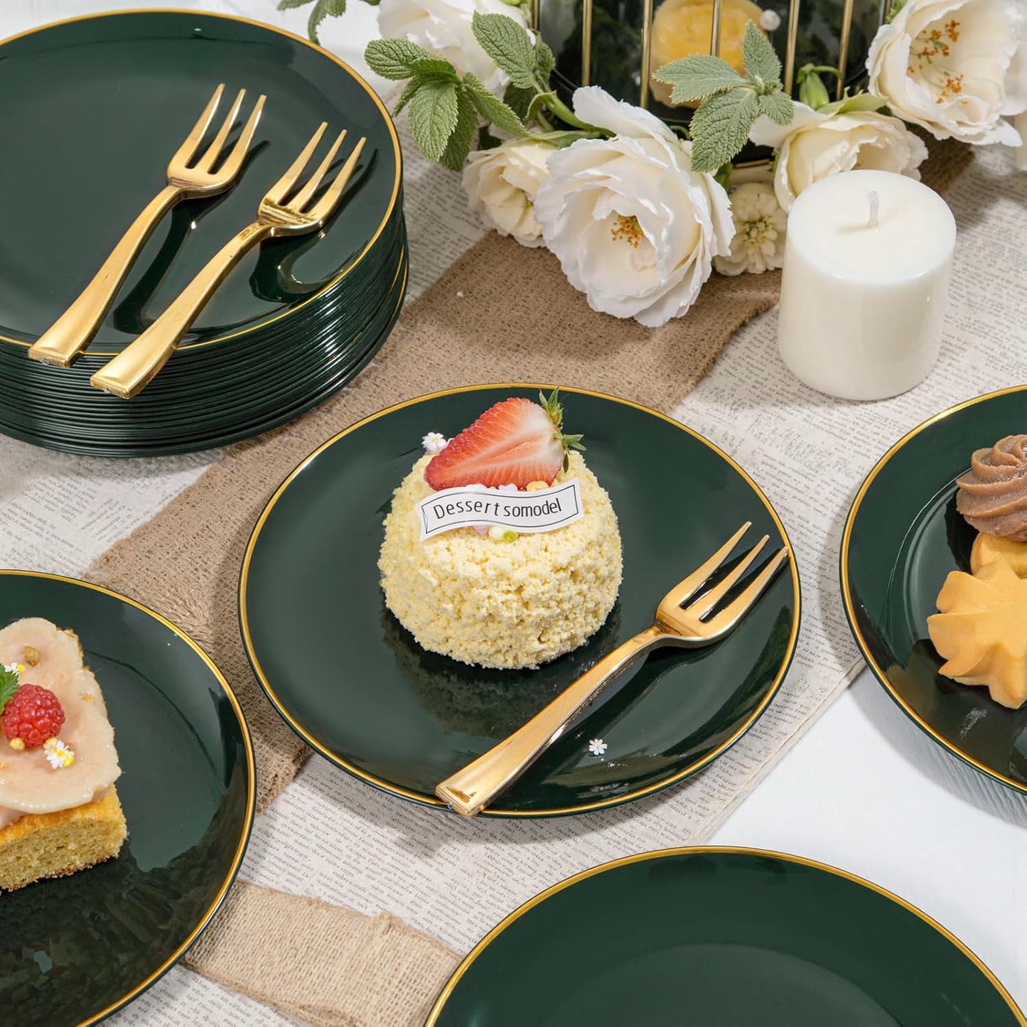 Festiva 200Pcs Green Dessert Plates 6.3" with Plastic Forks 5"- Small Disposable Plates- Dessert/Cake/Appetizer Plastic Plates include 100Plates 100Forks for Christmas Party&New Year
