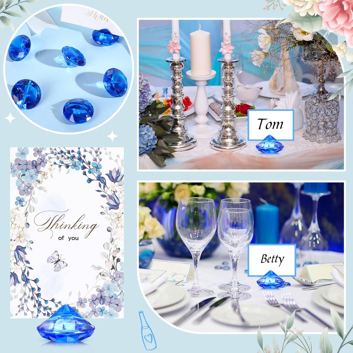 Boao 24 Pack Diamond Place Card Holders Acrylic Table Number Holder Card Stands Crystal Diamond Party Decorations Favor for Weddings Home Table(Dark Blue)