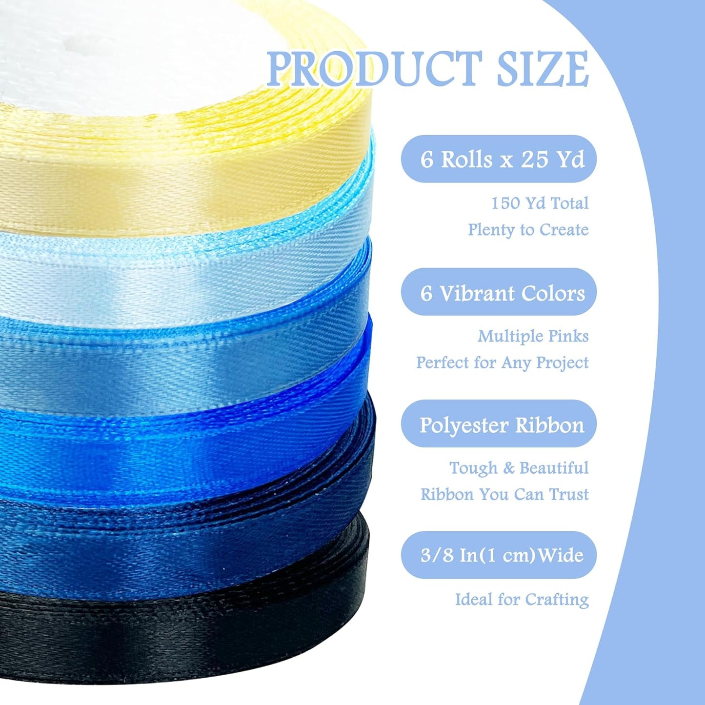 3/8" 6 Colors X 25 Yards Blue Satin Ribbon,150 Yards Assorted Blue Colors Satin Ribbons for Flower Bouquet,Ribbons for Gift Wrapping Happy Birthday Party Decorations