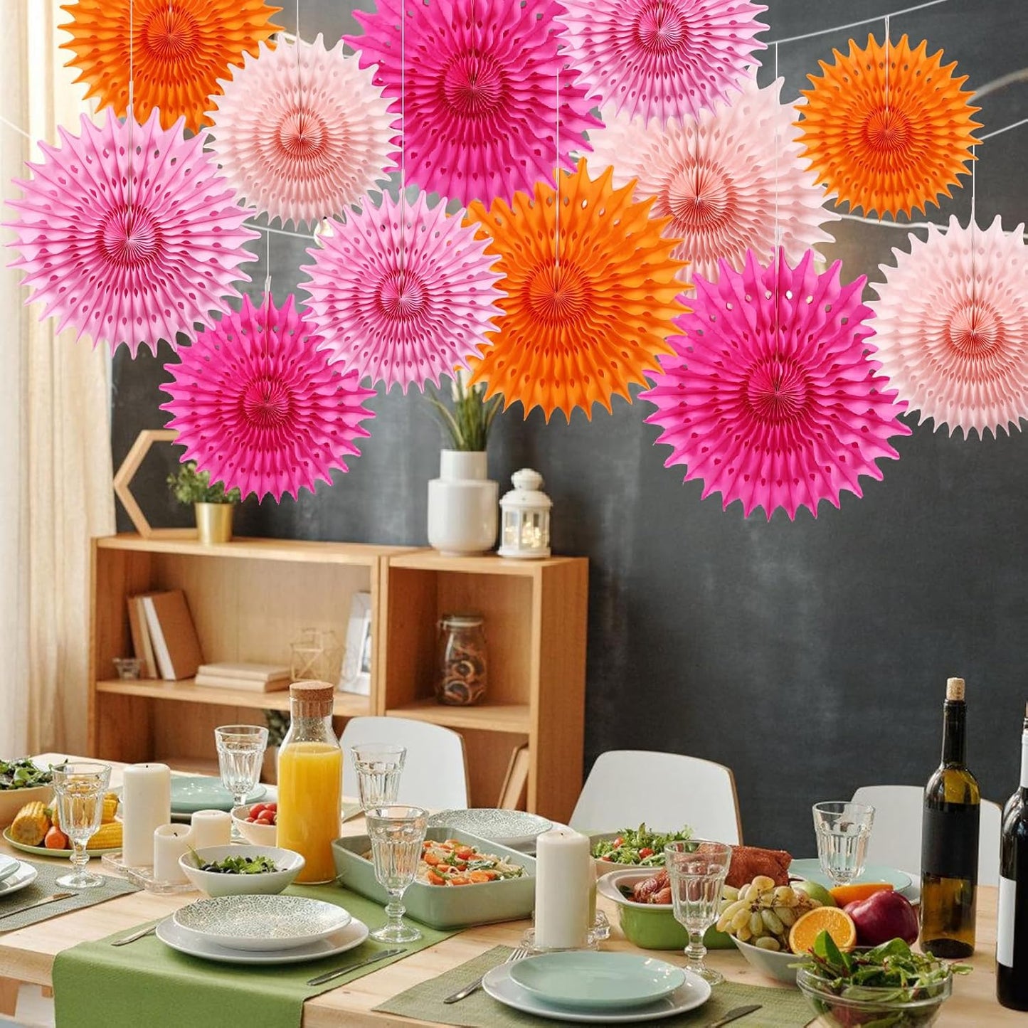 BestoFun 12PCS Paper Fans Orange and Hot Pink Party Decorations Tissue Paper Flowers Decorations for Girl Groovy Birthday Baby Shower Wedding Bachelorette Room Wall Hanging Décor