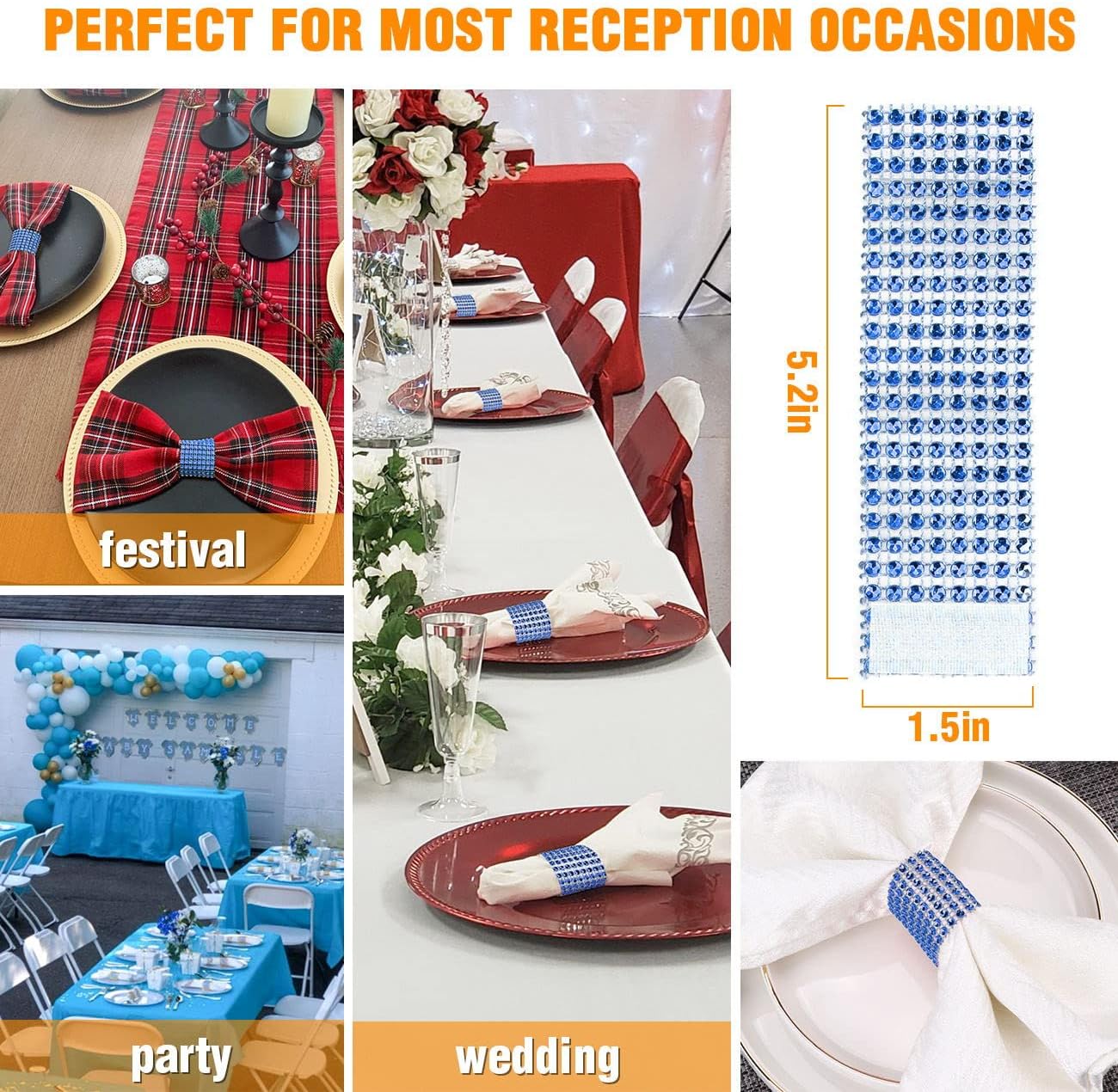 Blue Napkin Rings Bulk Set of 150pcs,Wedding Diamond Crystal Rhinestone Napkin Rings Adornment for Wedding Reception, Dinner, Place Settings, Holiday Parties or DIY Decoration (150,Blue)