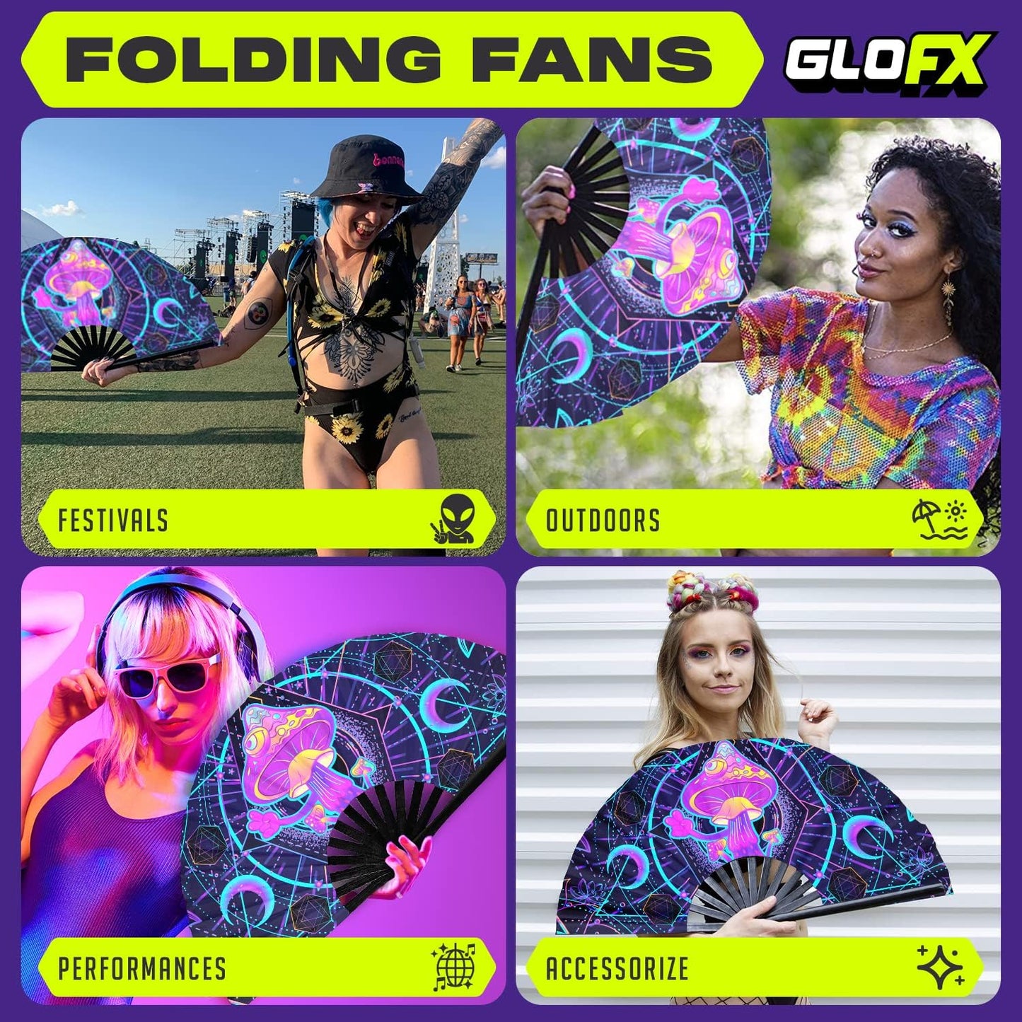 GloFX Rave Fan - UV Mushroom - Large Folding Fan - Music Festival Essential, EDM Rave Accessories, Folding Hand Fan, Clack Fan