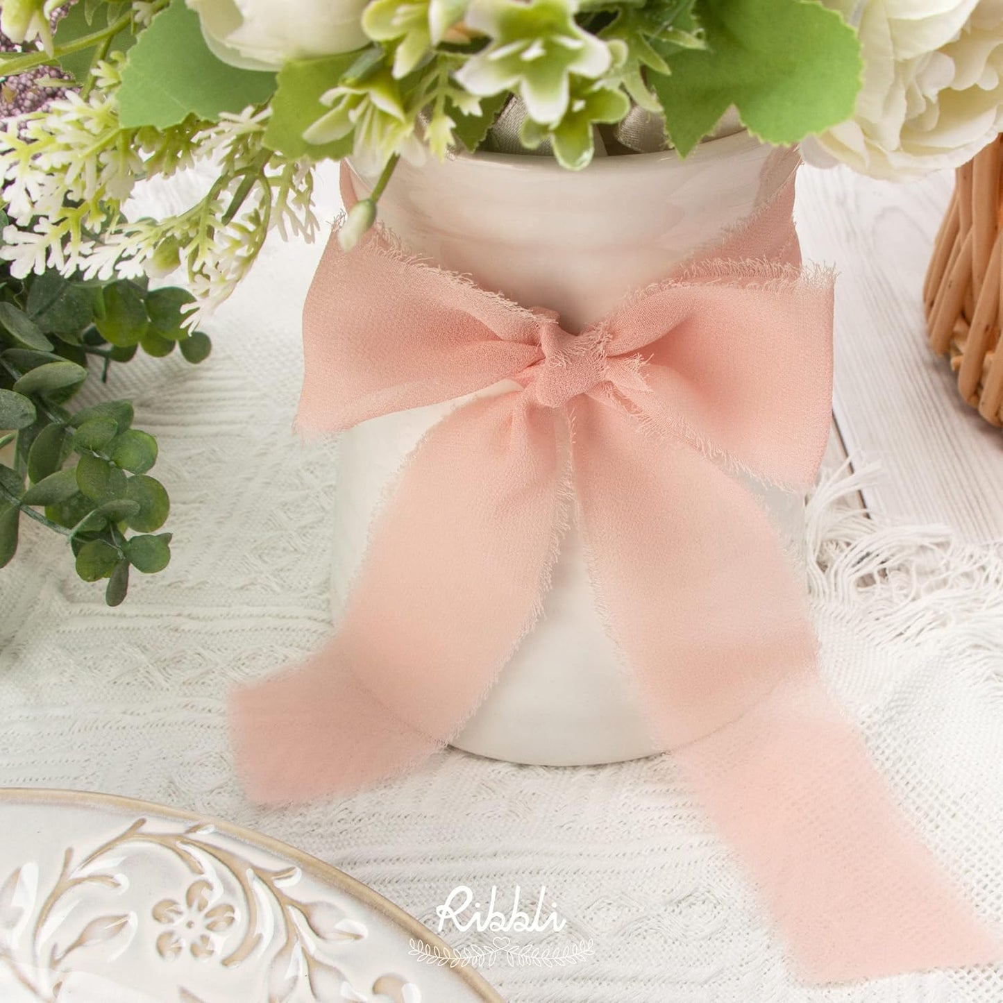 Ribbli Chiffon Silk Ribbon, 1.5 inch x 30 Yard, Blush Pink/Dusty Pink/Mauve Fringe, Wedding Invitations, Bridal Bouquets, Flower Arrangement