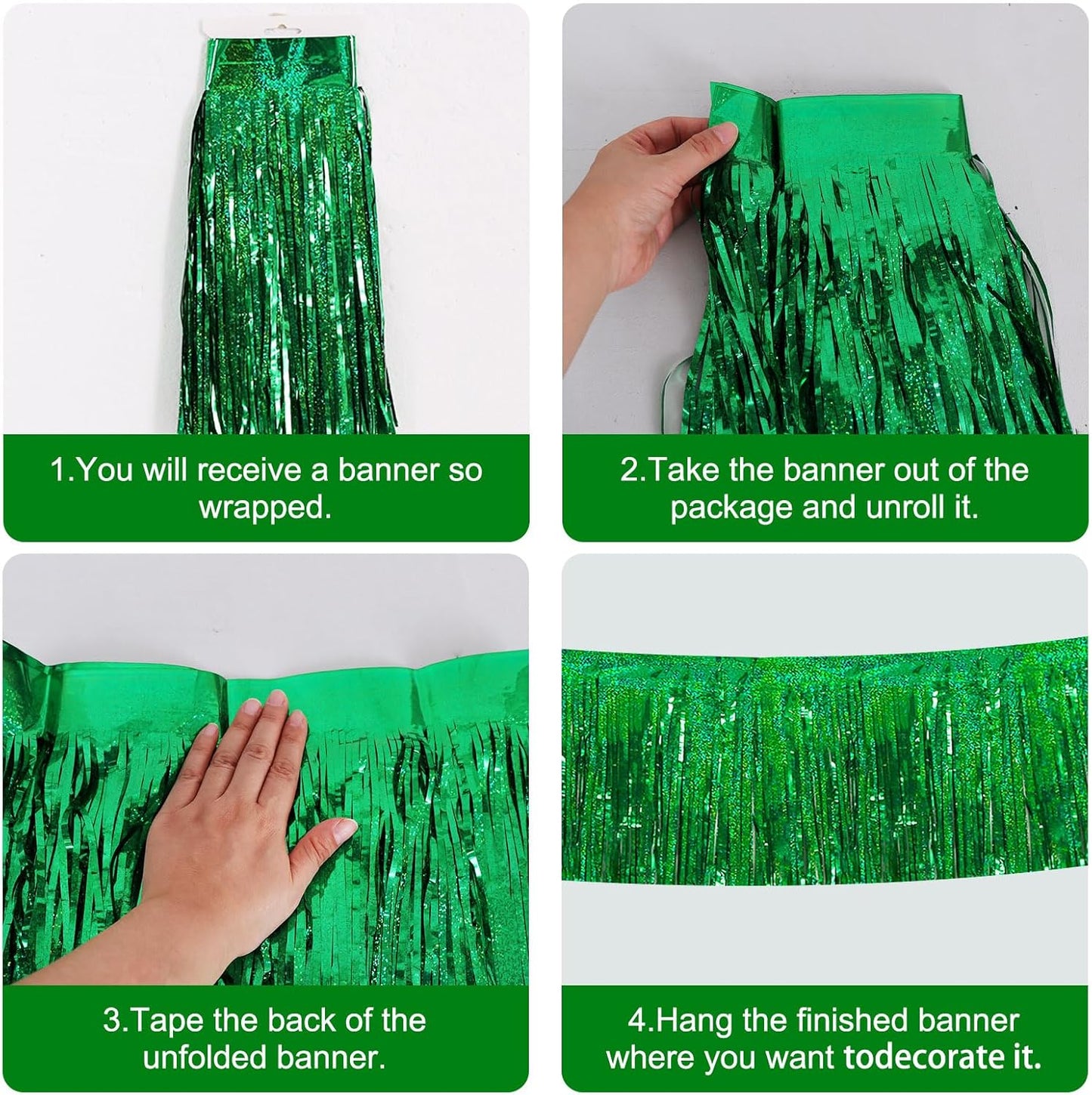 BEISHIDA 3 Packs Metallic Foil Fringe Garland Laser Green Wall Hanging Tinsel Fringe Banners for Car Floats Bridal Shower Wedding Birthday Easter Graduation Holiday Party Decoration(30 Feet)