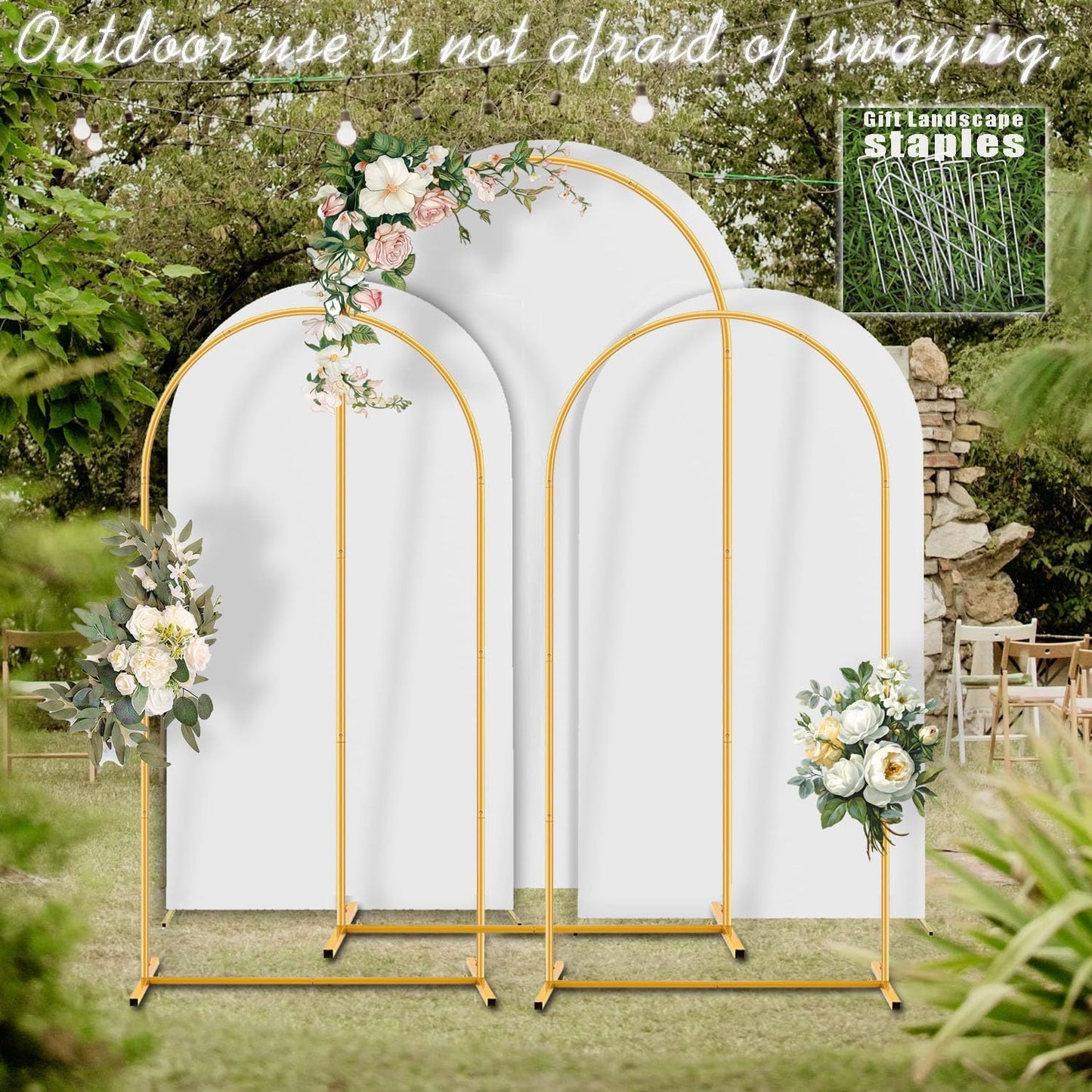 Arch Backdrop Stand Set with Cover,(7.2ft,6ft x 2) Arched Frame Stand & Spandex Wedding Arch Cover & Storage Bag (White, 7.2Ft+6Ft+6Ft)