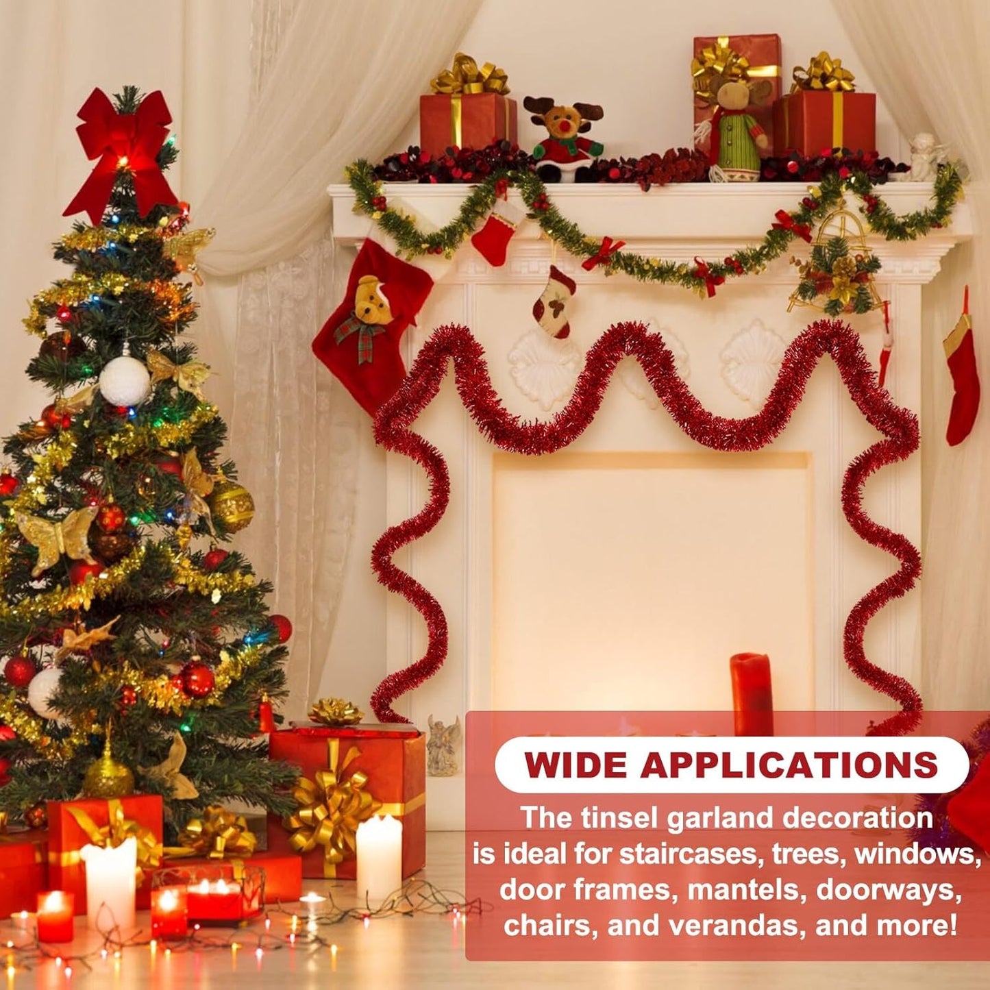 50 Feet Red Christmas Tinsel Garland, Metallic Foil Twist Banner Wall Hanging Tinsel Streamers Backdrop for Parade Floats, Christmas, Mother's Day, Birthday Party Decorations(2in x 50ft)