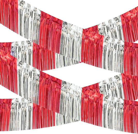 4 Pack 10 Feet Red Silver Foil Fringe Garland Metallic Tinsel Streamers Banner Fringe Curtain Banner for Parade Floats Wedding Graduation Homecoming Carnival Birthday Party Decorations (Red Silver)…