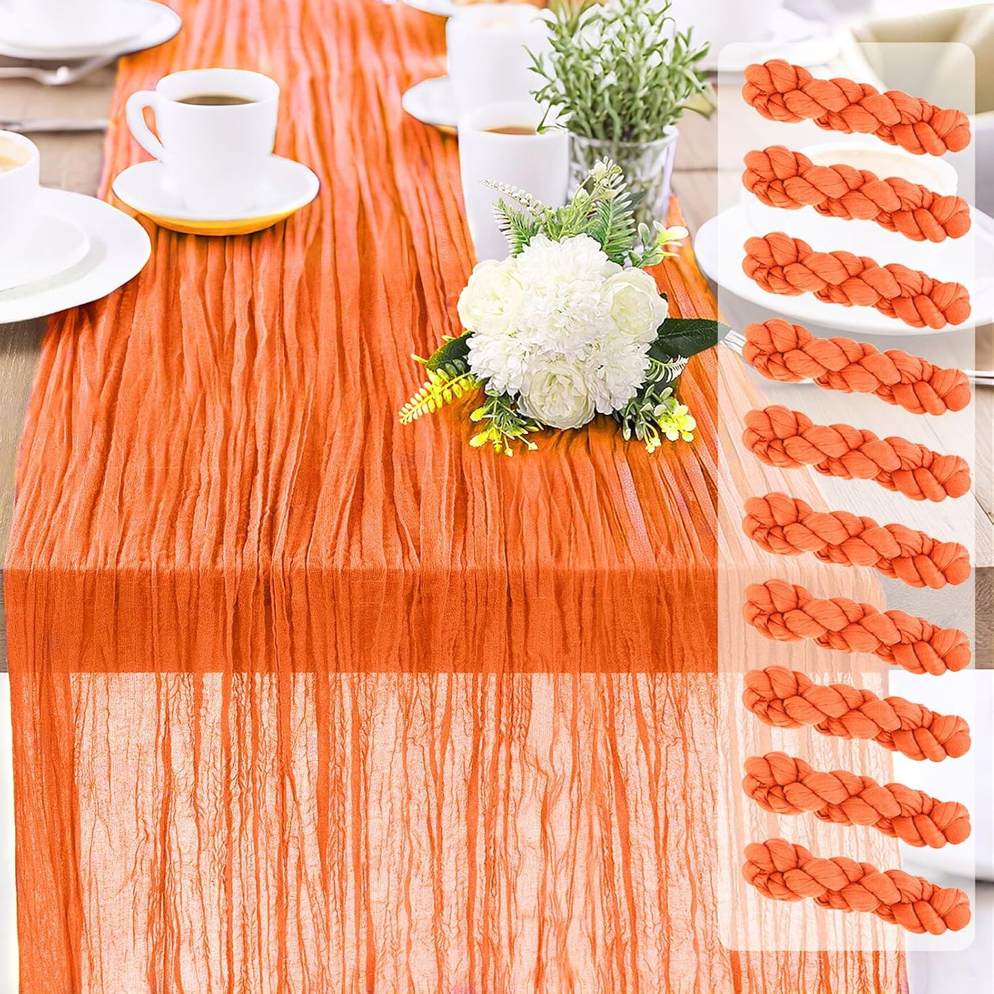 10-Pack Orange Cheesecloth Table Runners – 10FT (35x120 Inch) Boho Rustic Gauze Fabric Cheese Cloth Table Runner for Weddings, Baby Showers, Bridal Shower, Farmhouse & Birthday Party Decor