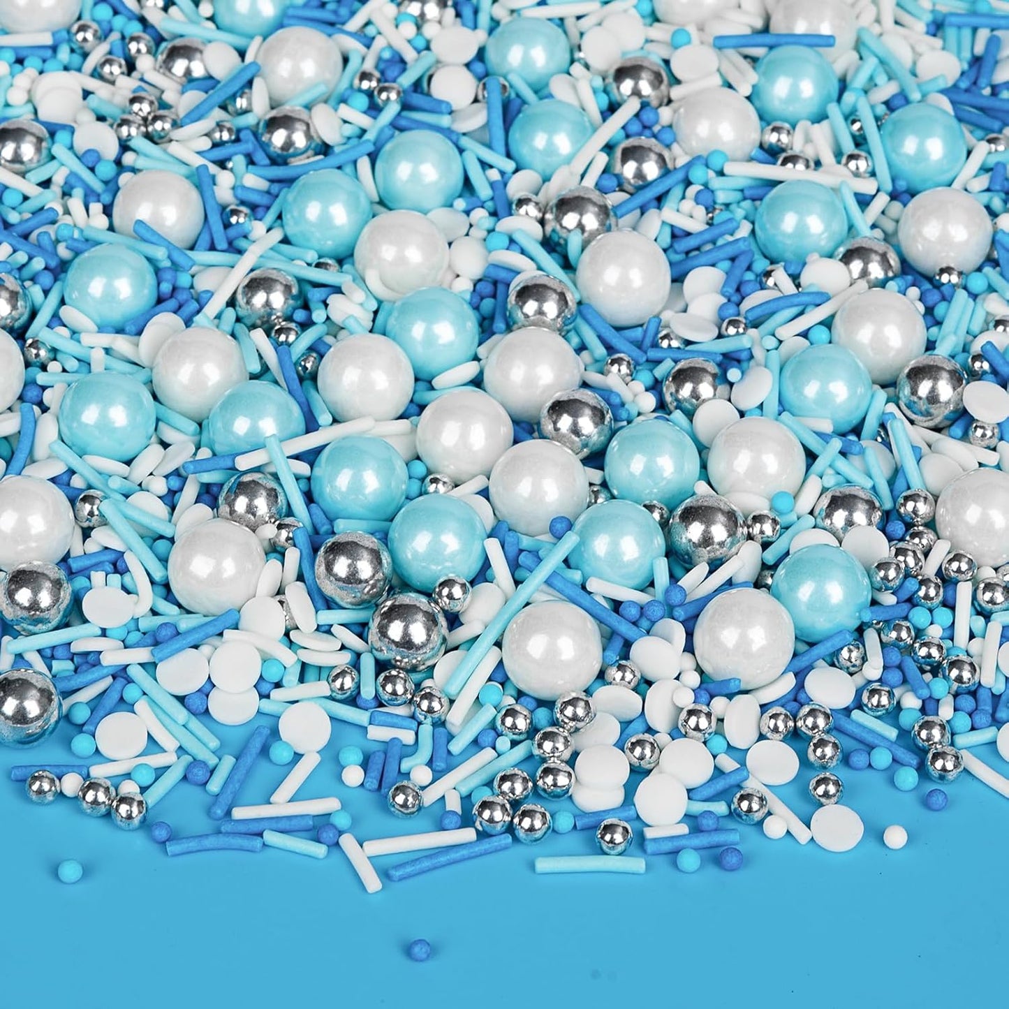 Edible Blue Silver White Sprinkles,Winter Jimmies Pearls Mix,130g/4.58oz,Perfect for Cake Decorations,Cake and Cupcake Sprinkles with Assorted Shapes and Sizes for Parties Baking, Ice Cream, Cookies, Cupcake Topper