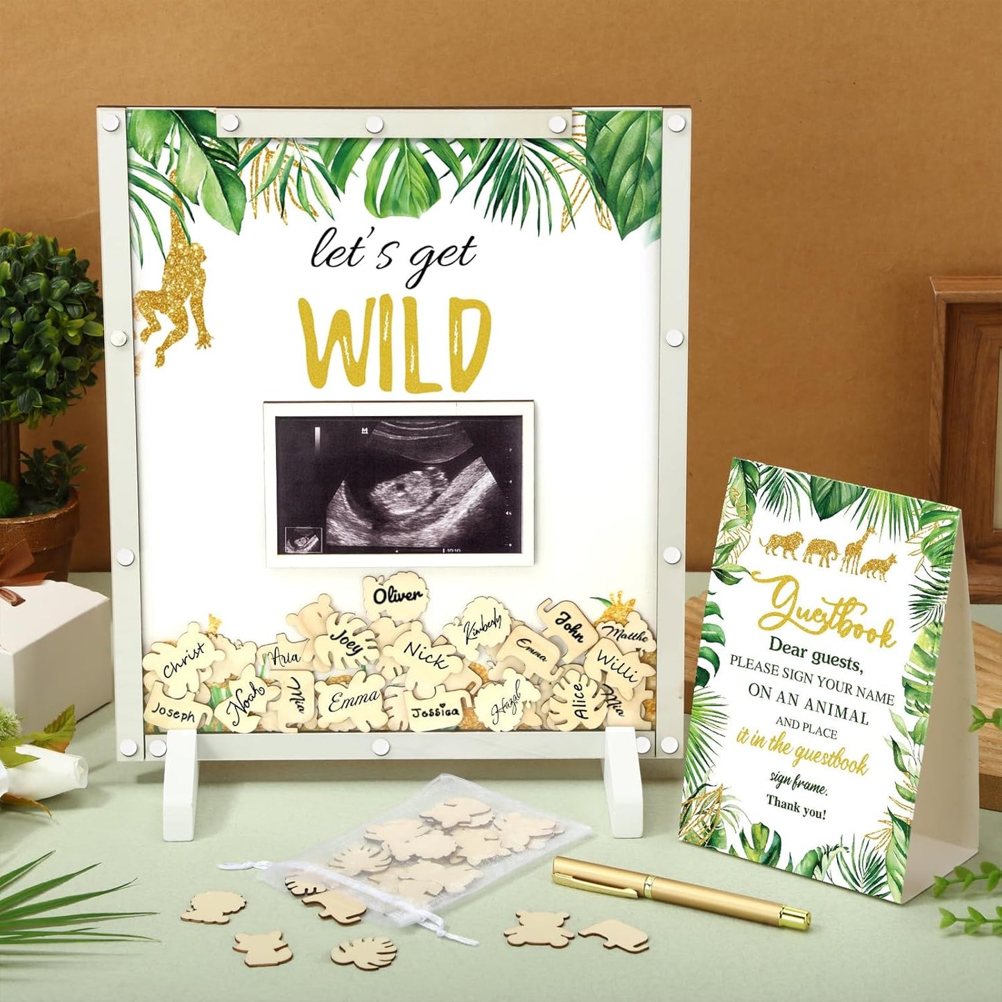 65 Pcs Jungle Animal Baby Shower Guest Book Alternatives He or She Gender Reveal Baby Shower Decorations Sign in Guest Book with Picture Frame and 60 Wooden Chip Let's Get Wild Decorations