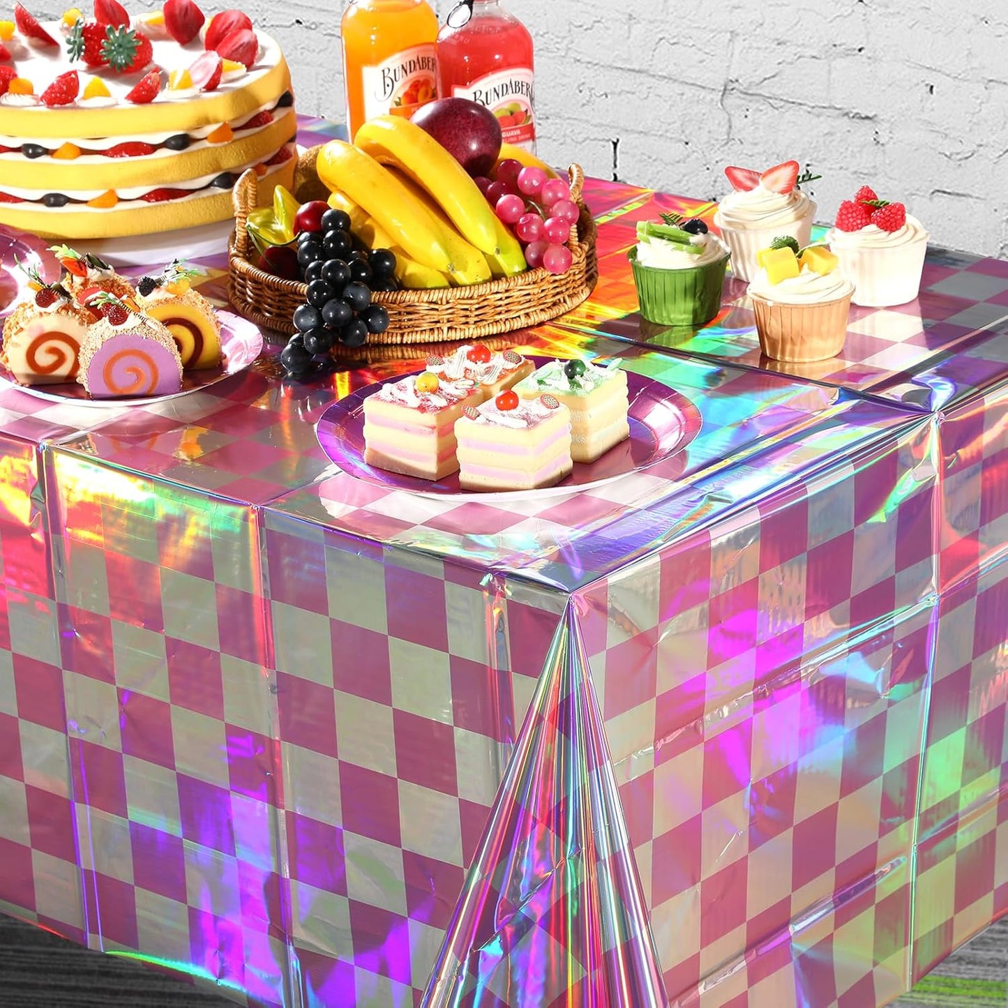 6 Pack Pink and Iridescent Checkered Plastic Tablecloth, Shiny Disposable Laser Rectangle Table Covers, Holographic Foil Tablecloth Iridescent Party Decorations for Picnic Camping Outdoor, 54x108Inch