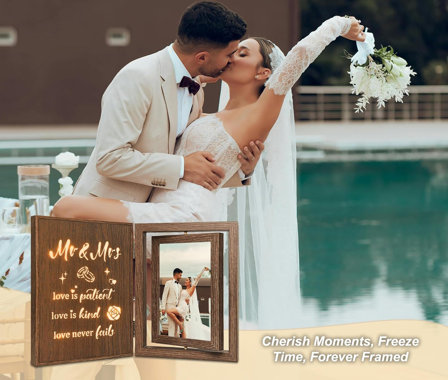 Light Up Wedding Picture Frame for Couples – Wooden Rotating Glowing 4x6 Double Photo Frame with MR & MRS Quote, Rustic Wedding Gifts for Newlyweds & Bridal Shower Gifts
