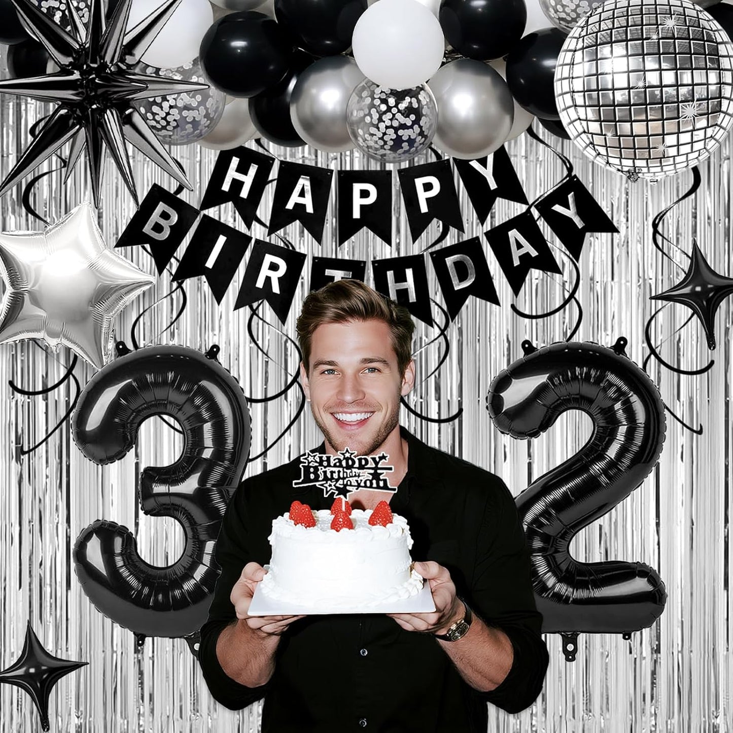 32nd Birthday Decorations for Men Women, Black Silver Happy Birthday Party Decorations， 32 Year Old Party Supplies with Number 32 Balloons, Banner, Fringe Curtains Kit