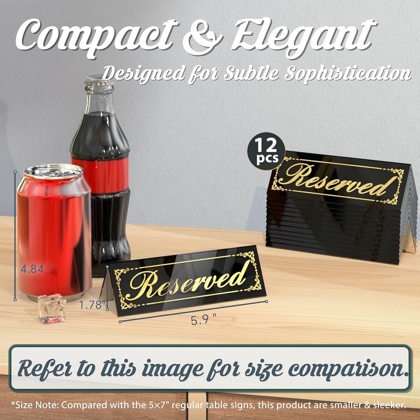 12 Pcs Black Mirrored Reserved Table Signs, 6" x 2" Double Sided Letters, Acrylic Reserved Table Tent Signs with Cleaning Cloth for Wedding Restaurant Ceremony Party Banquet Chairs