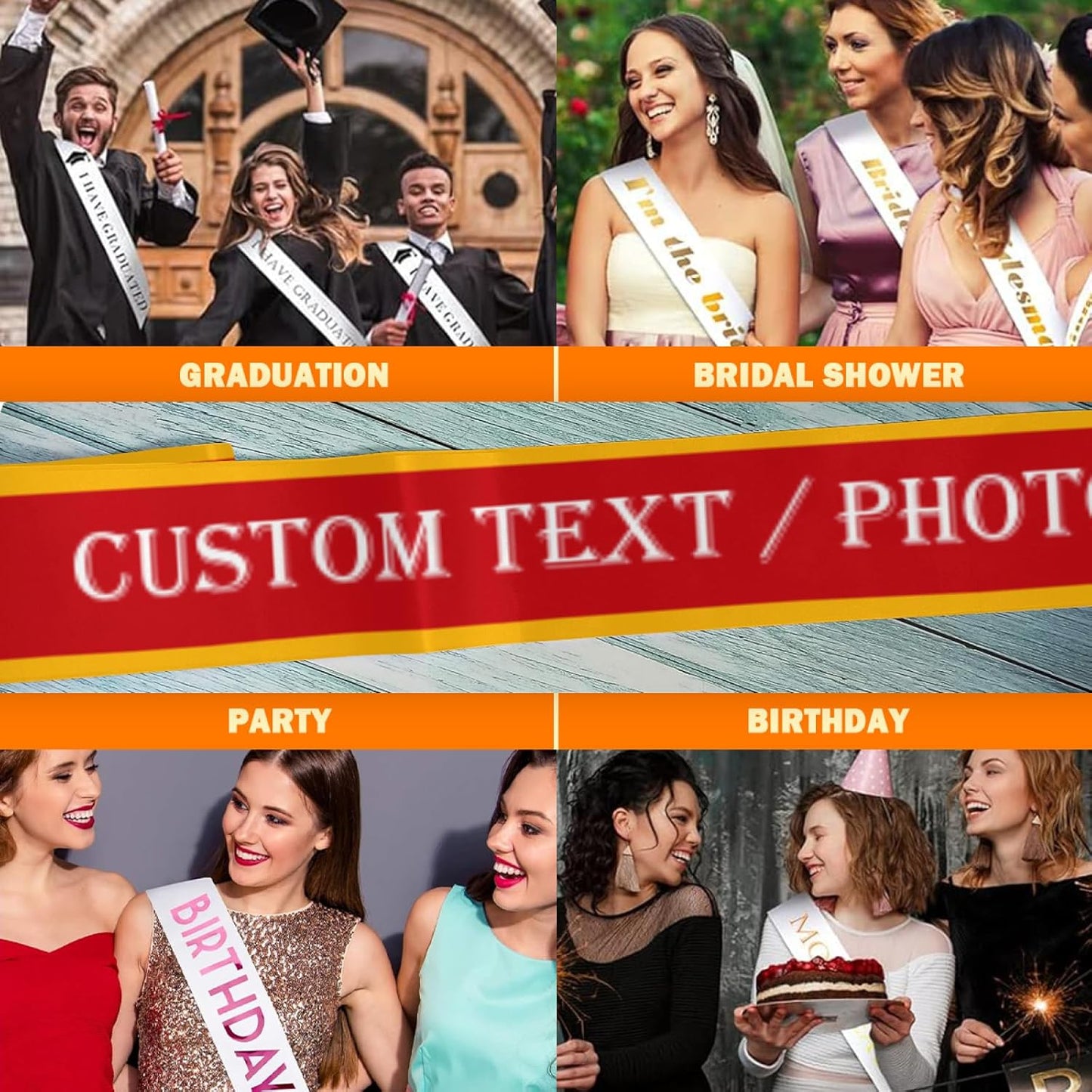 Custom Sash,Personalized Birthday Sash with Text Photo,Customized Bachelorette Sash Quote Sash Bride to Be Sash Color Optional (With decorative edge, Red)