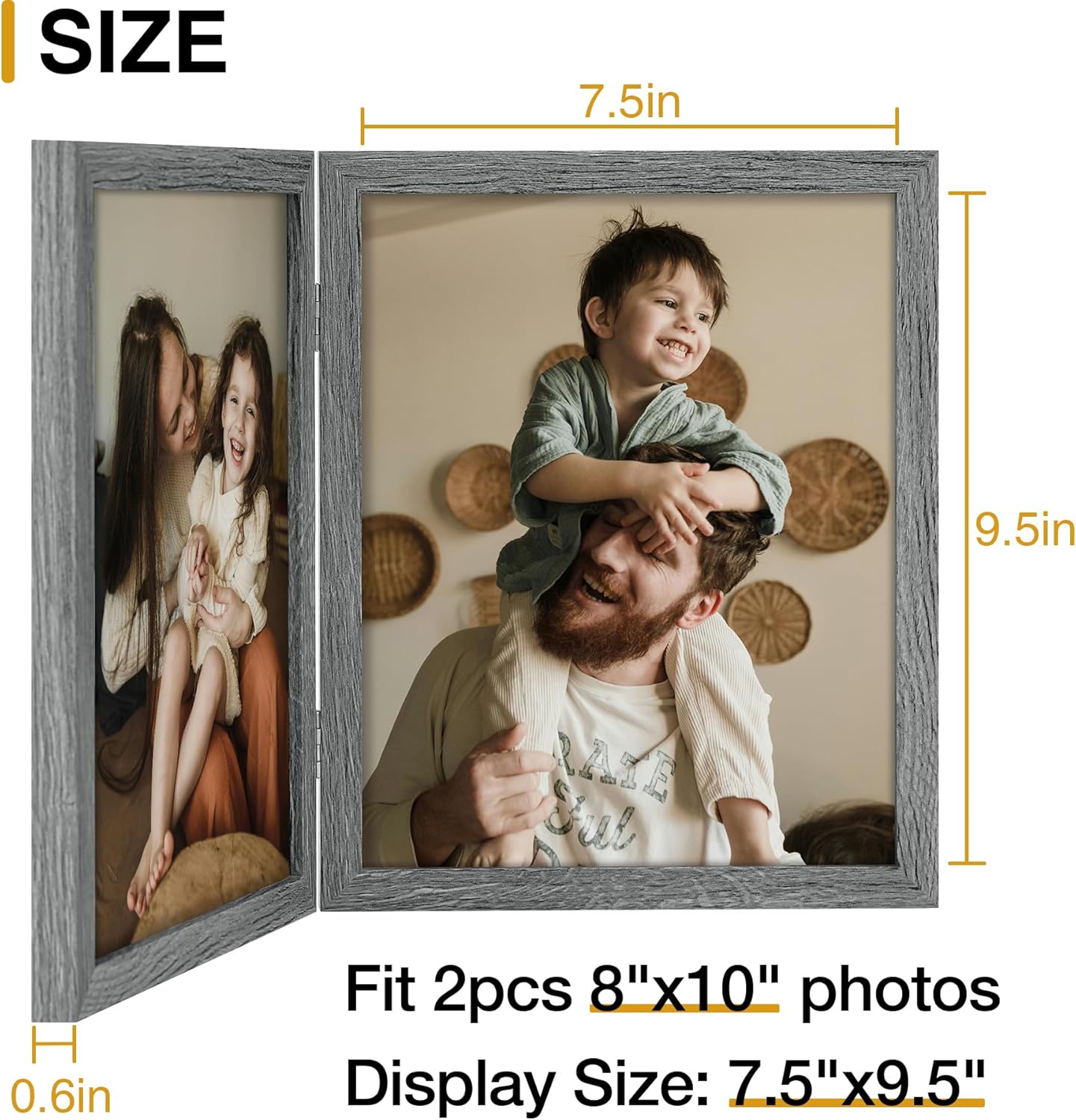 decorUhome Double 8x10 Picture Frame Vertical, Engineered Wood Bifold Photo Frame with Plexiglass for Tabletop Display, 8x10, Grey