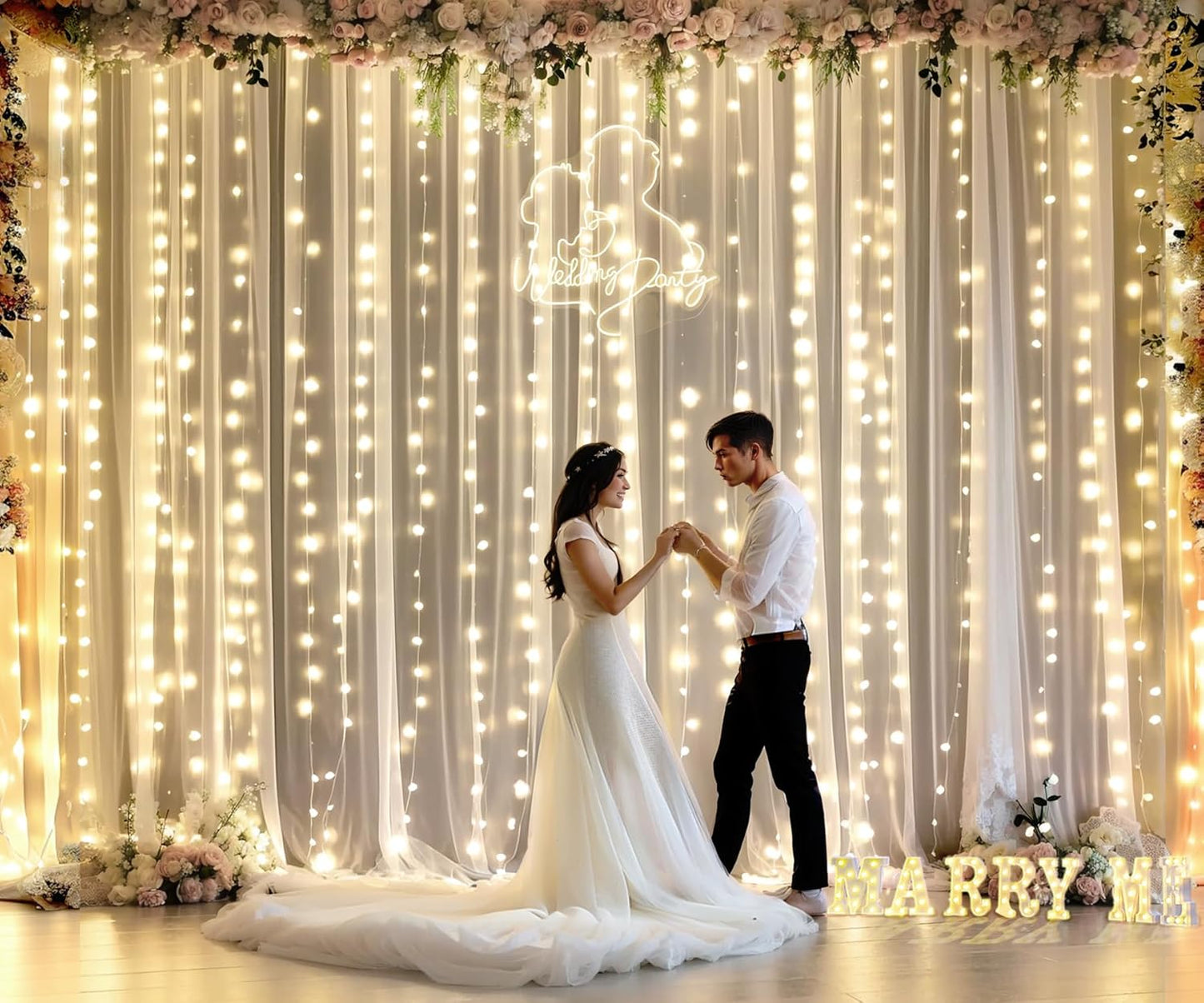 Champagne Tulle Photo Backdrop Curtain with Lights String for Parties Wedding Bridal Shower Sheer Champagne Curtain Backdrop for Birthday Party Baby Shower Photo Booth Photography 20ft x 10ft