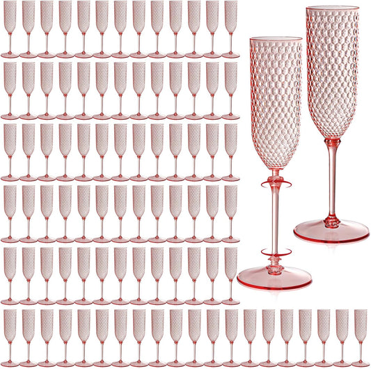 100 Pack Pink Detachable 2 piece Champagne Flutes 5.5 Oz Unbreakable Plastic Mimosa Disposable Champagne Glasses Drinking Cups Stemmed Reusable Wine Toasting Glasses for Wedding (100, Clear Pink)