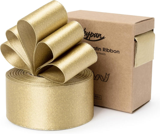 Gold Satin Wired Ribbon 1-1/2 Inch Double-Faced Glitter Ribbons for Wreath, Christmas Tree Decoration, Gift Wrapping, Home Decor 10 Yards