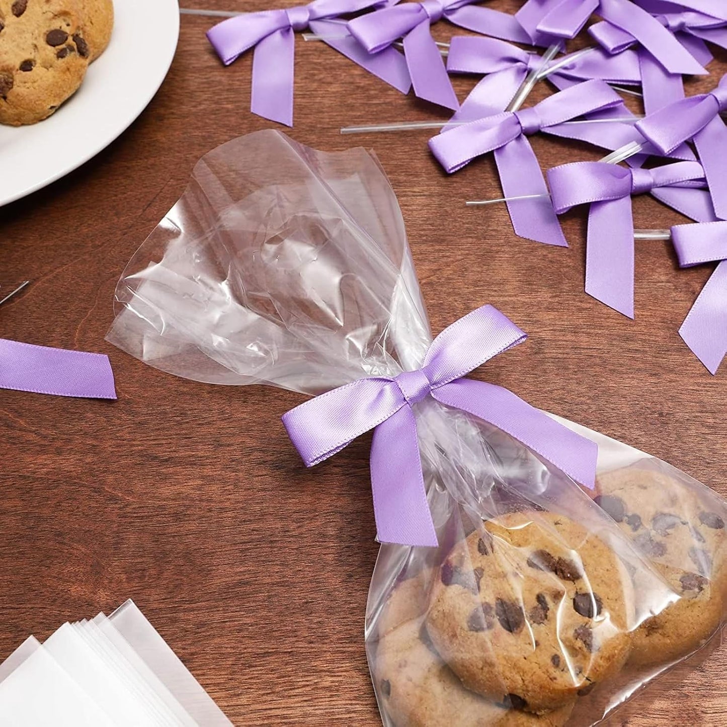 Bright Creations 100 Pack Purple Twist Tie Bows for Treat Bags, 3" Small Satin Ribbons for Craft Decoration, Gift Wrap, Themed Party Favors, Baked Goods - Purple Bow