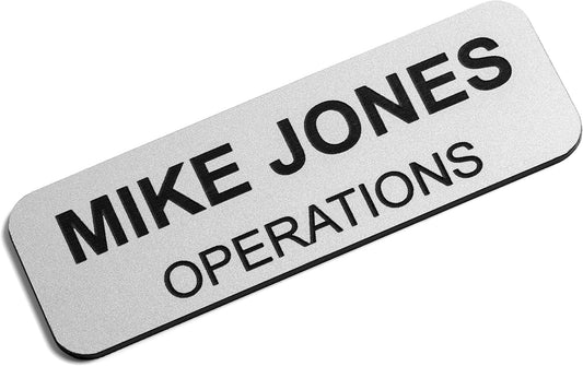 Custom Engraved Name Tag Badges – Personalized Identification with Pin or Magnetic Backing, 1 Inch x 3 Inches, Silver/Black