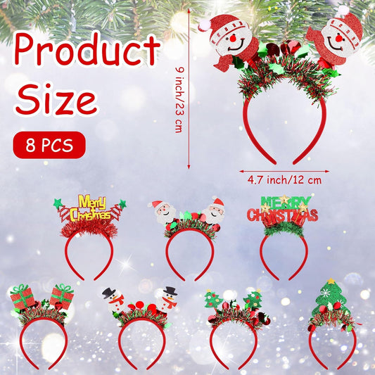 Aodaer 8 Pack Christmas Headbands Glitter Xmas Headband Costume Headwear Assorted Styles Snowman Santa Christmas Tree Gift Headband for Christmas Party Favors