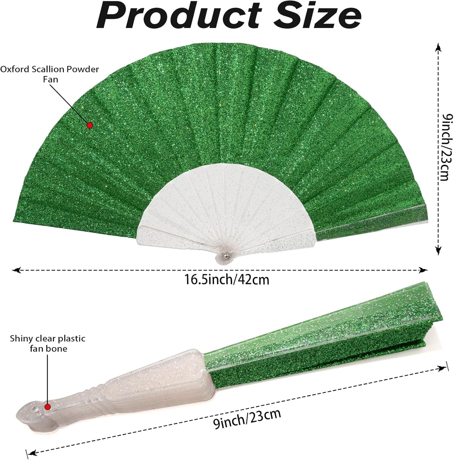 12 Pack Handheld Fan,Folding Hand Glitter fan with Shining Transparent Fan Rib – Ideal for Wedding, Church, Festival, Dance, Tea Party, Club, and EDM Accessories, Light green