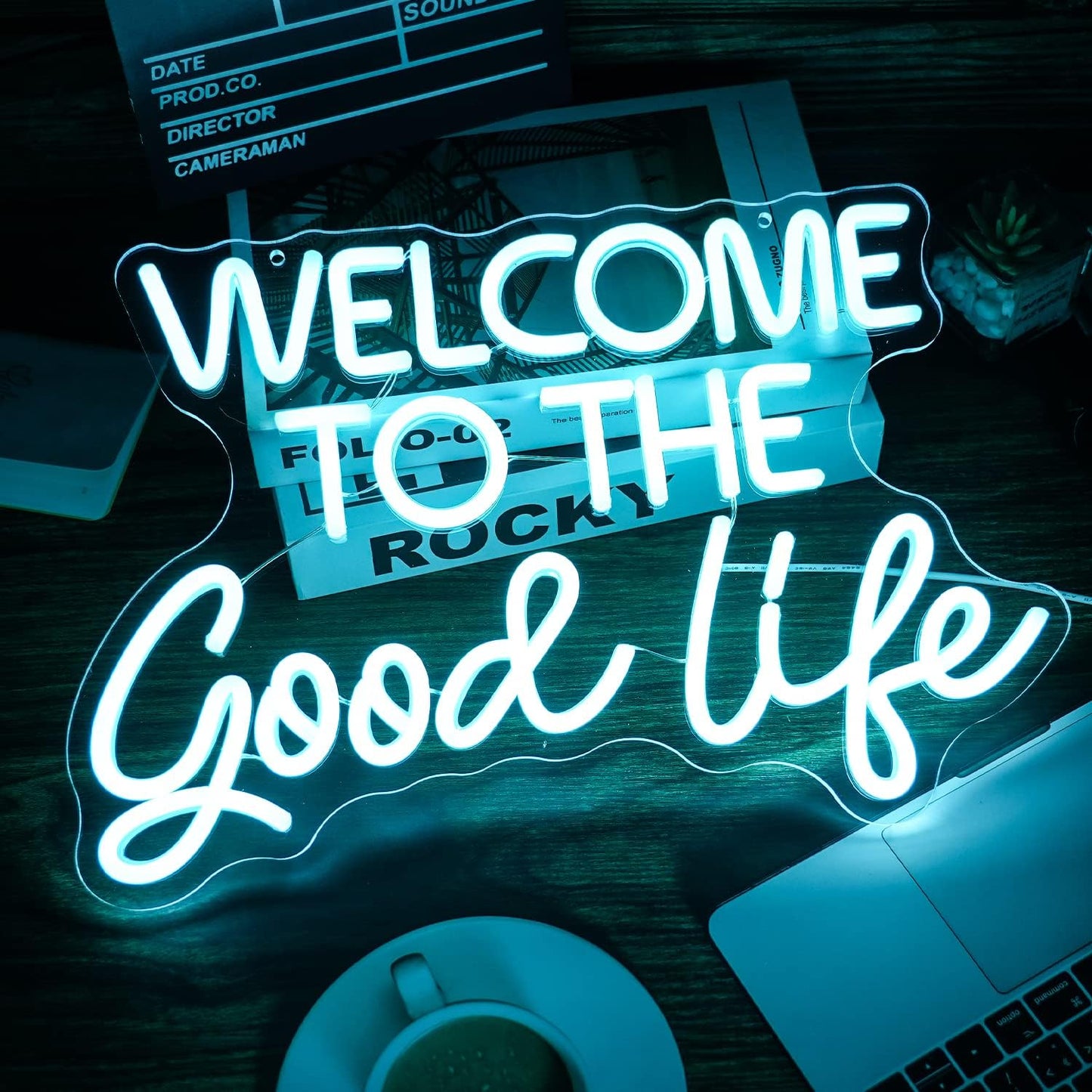 Welcome To The Good Life Neon Sign Letter LED Neon Lights Dimmable USB Powered 16.5’’X11’’Cool Wall Decorative Light Bedroom Kids Room Birthday Party Bar Decoration Gifts for Friend（Ice blue）